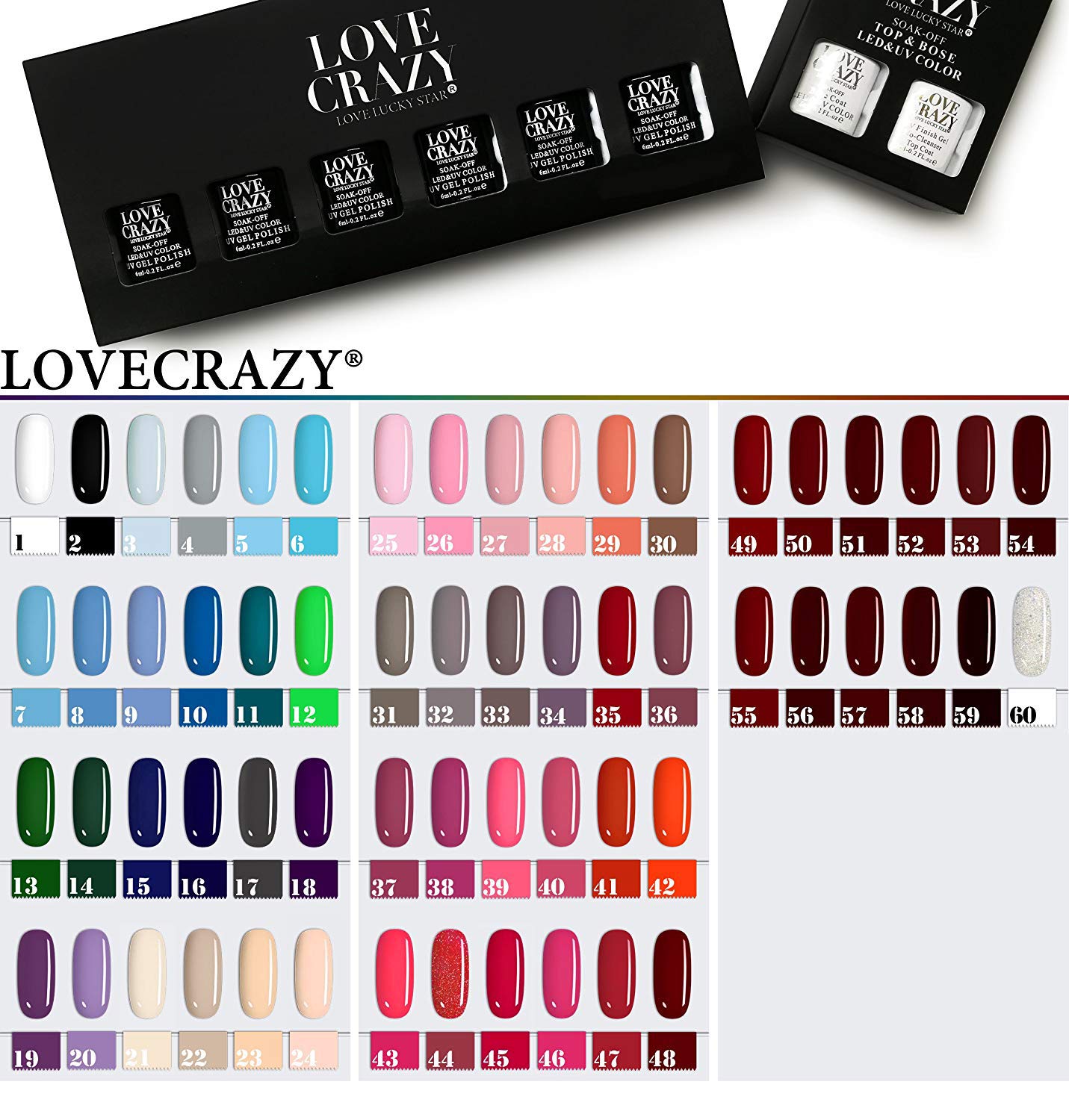 LOVECRAZY® Esmaltes de Gel Semipermanente para Uñas, Paquete de 60 Colores, Base Coat y Top Coat, Lámpara Secador de UV/LED