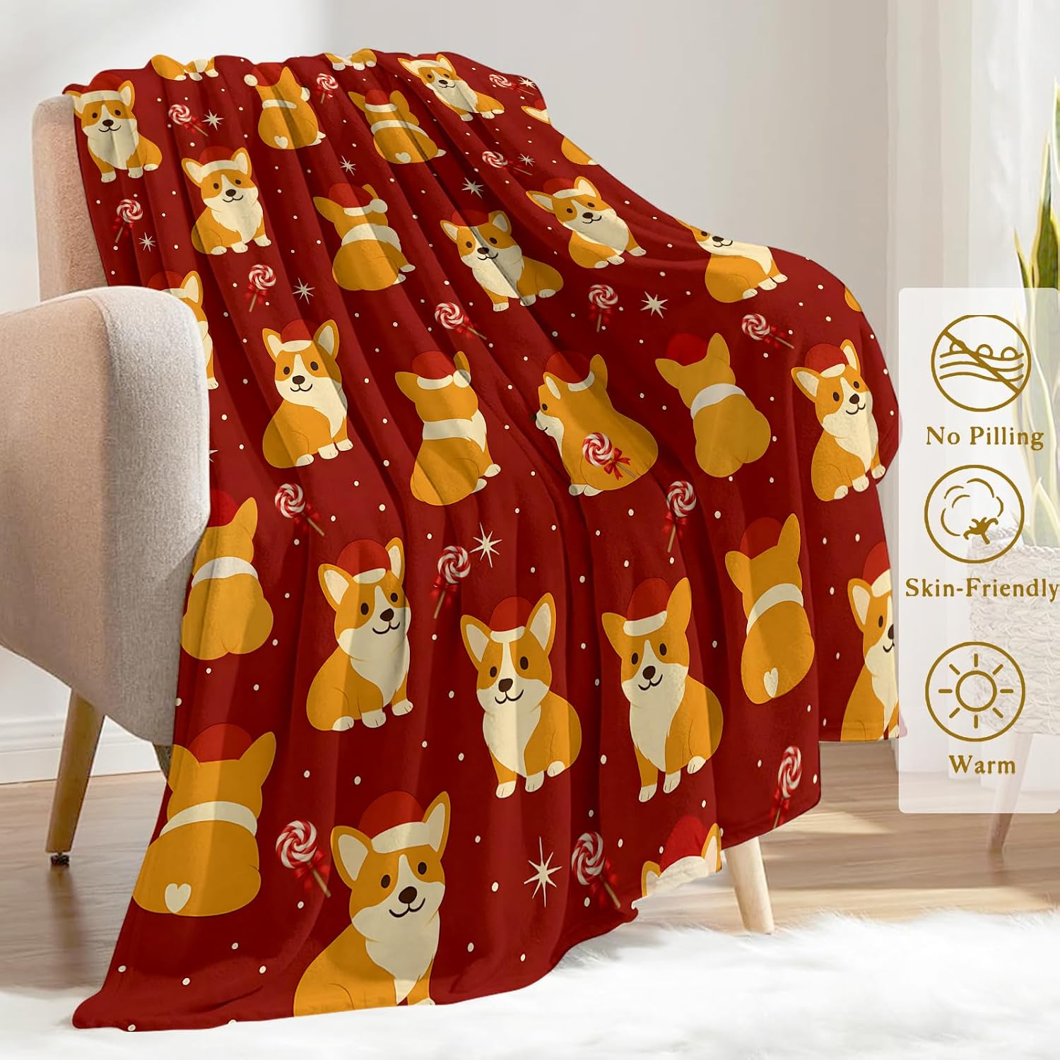 Christmas Decorative Throw Blanket Corgi with Santa Hat and Red Candy Print Decoration, Soft Flannel Winter Blankets for Couch Bed Sofa, Holiday Home Decor, Xmas Festival Gifts 50x60 Inch