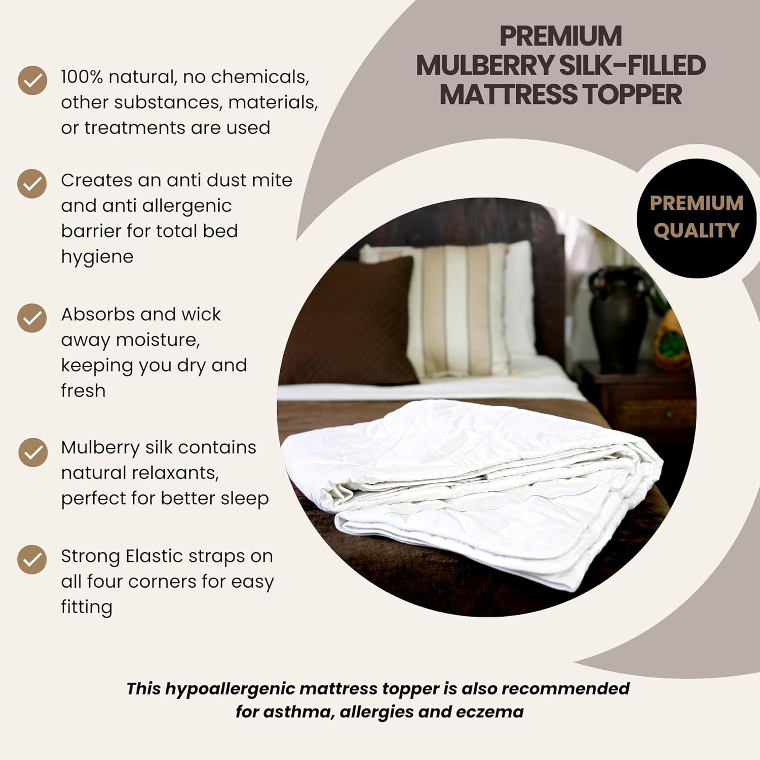 Silk Bedding Direct. Premium Pure Mulberry Silk-Filled Mattress Topper. Full, 75" x 54". for Health, Hygiene and Beauty.