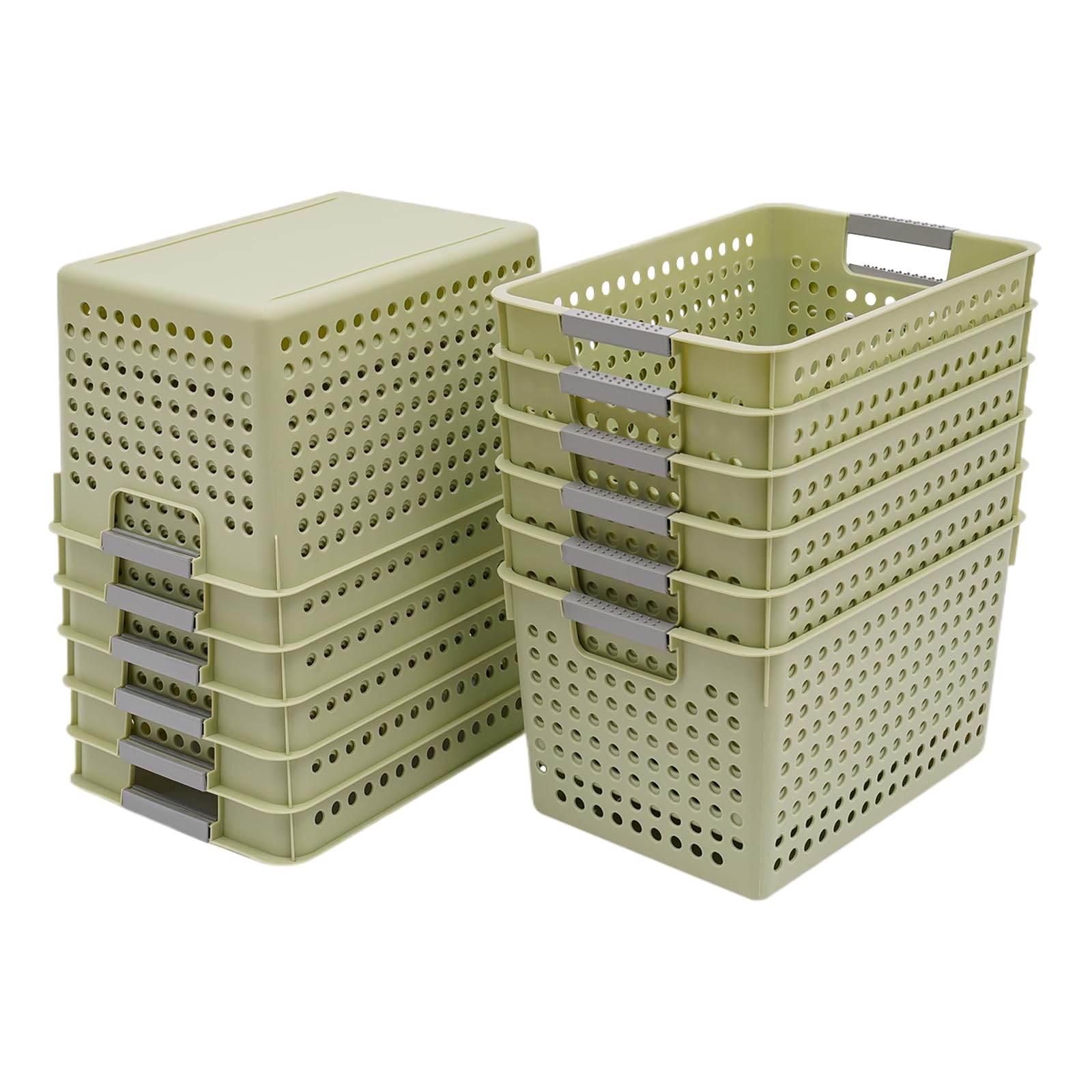 CHUOZI 12 Pack Shelf Storage Basket Organizer,Plastic Baskets,Stackable Mesh with Grip Handles (Green)