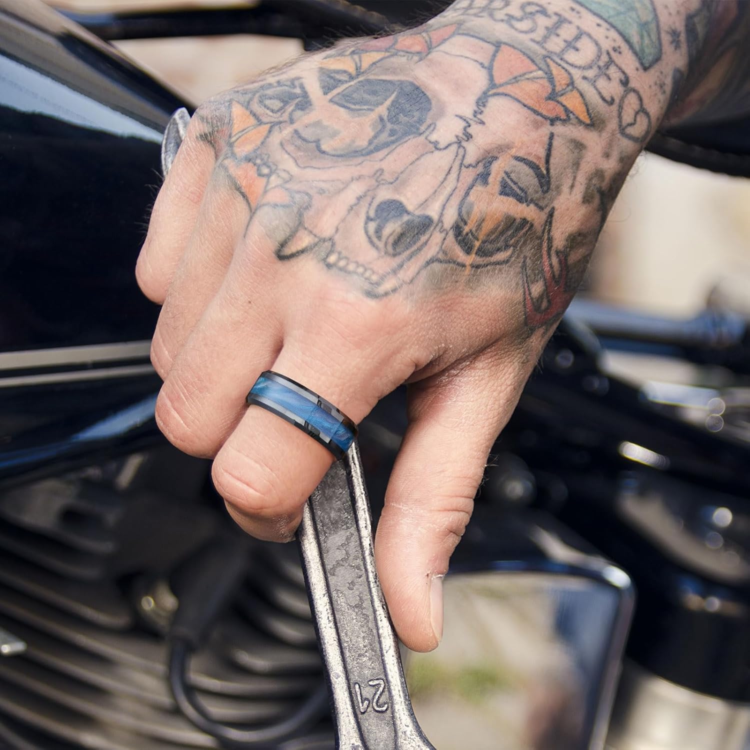 King Will Black Tungsten Wedding Ring for Men Women- 8mm Width Wedding Band Beveled Edge with Multicolor Sand Inlay in Waves/Fire Pattern Comfort Fit Size 7-13 - Image 4