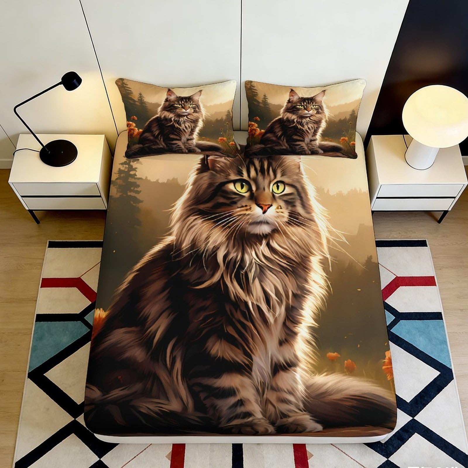 3D Printed Unicorn Cat Fitted Sheet Microfiber Non-Slip Deep Pocket Bedding Rainbow Cat Mattress Fitted Cover Full Wrap for Bedroom Adult 180x200x25cm