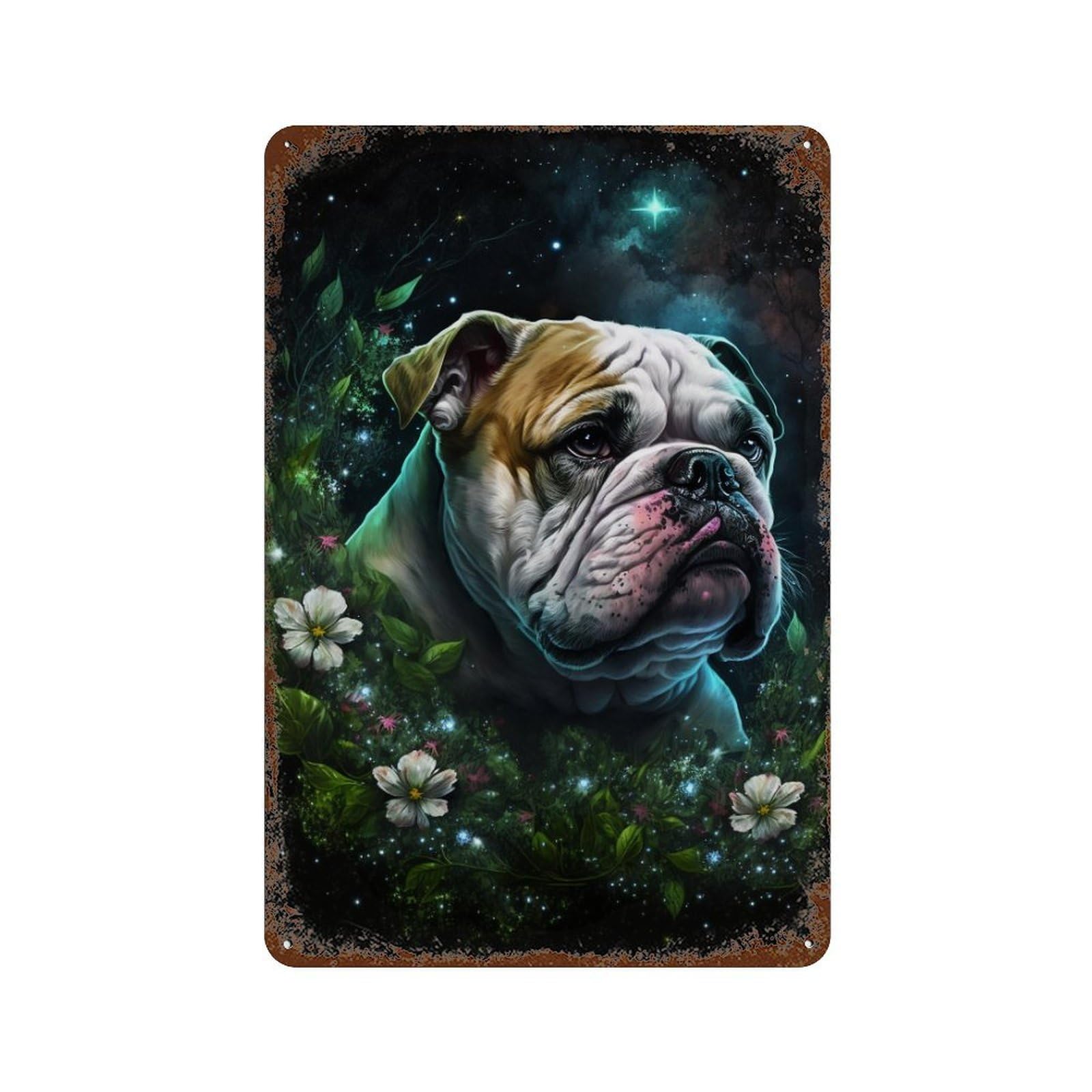 Magical Night Bulldog Art Print Rustic Tin Plaque 11.8"x7.9", for Pub, Kitchen And Man Cave Decor, Vintage Wall Decor