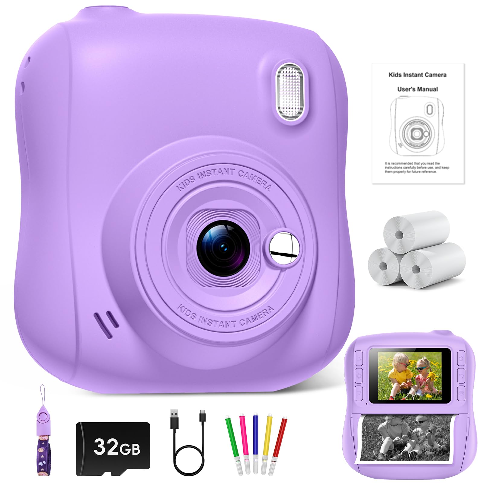 Cámara Instantánea para Niños de 14 MP, 1080p Cámara Digital con Impresión Instantánea, Tarjeta de 32 GB y 3 Rollos de Papel Térmico, Regalo de Cumpleaños para Niños y Niñas de 3 a 12 Años