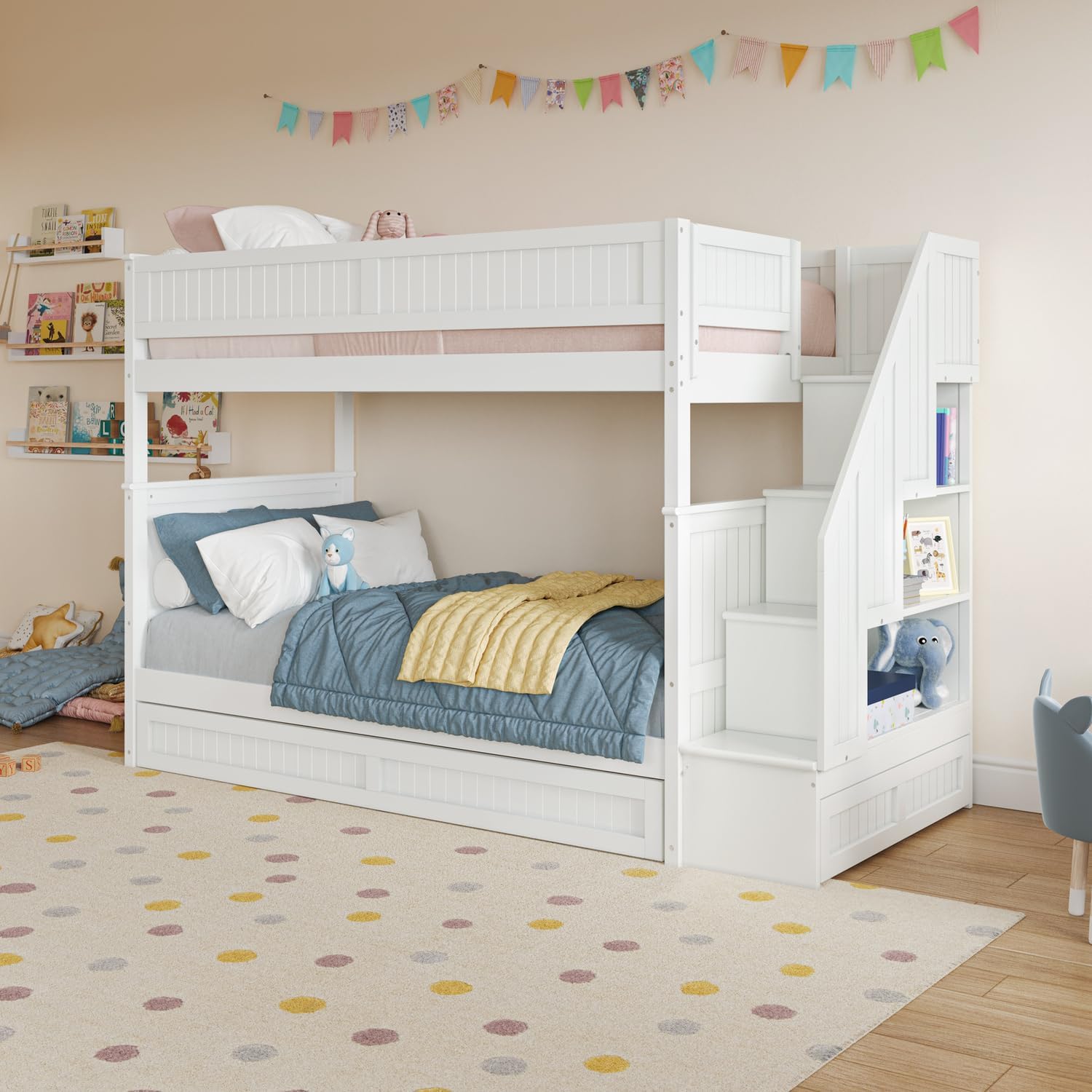HomeStock Staircase Bunk Bed with Twin Trundle & Storage Drawer White/Twin Over Twin