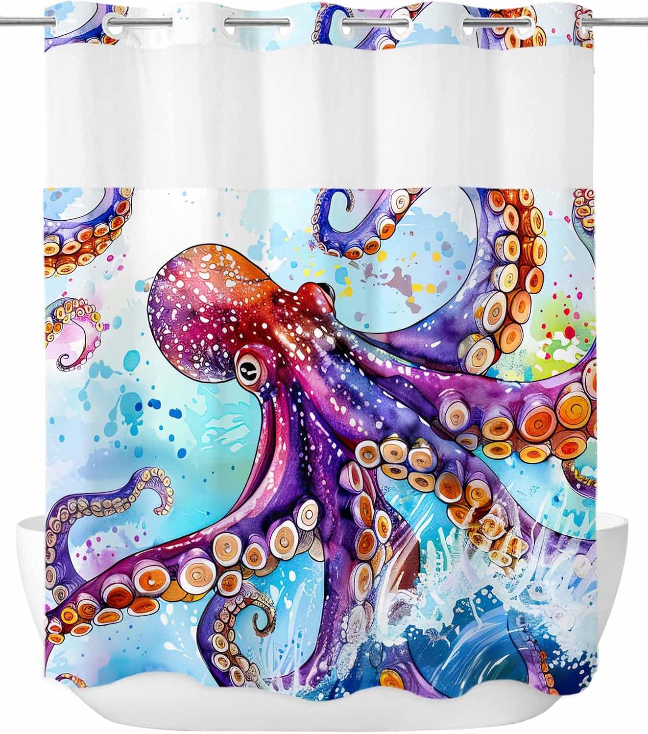 No Hook Shower Curtain with Snap in Liner Octopus Tentacles Shower Curtain Sets Sea Ocean Animal Underwater Marine Life Fabric Liner Set See Through Top Waterproof Curtains for Bathroom 72" W x 78" L