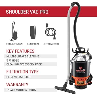 Hoover Commercial Shoulder Vac Pro Bagged Backpack Vacuum Cleaner, Lightweight, Chiropractic Design, HEPA Media Filtration, Corded Vacuum Cleaners for Commercial Use on Carpet and Hard Floors