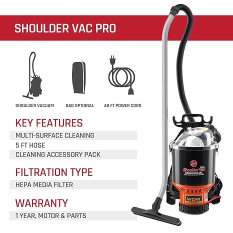 Hoover Commercial Shoulder Vac Pro Bagged Backpack Vacuum Cleaner, Lightweight, Chiropractic Design, HEPA Media Filtration, Corded Vacuum Cleaners for Commercial Use on Carpet and Hard Floors