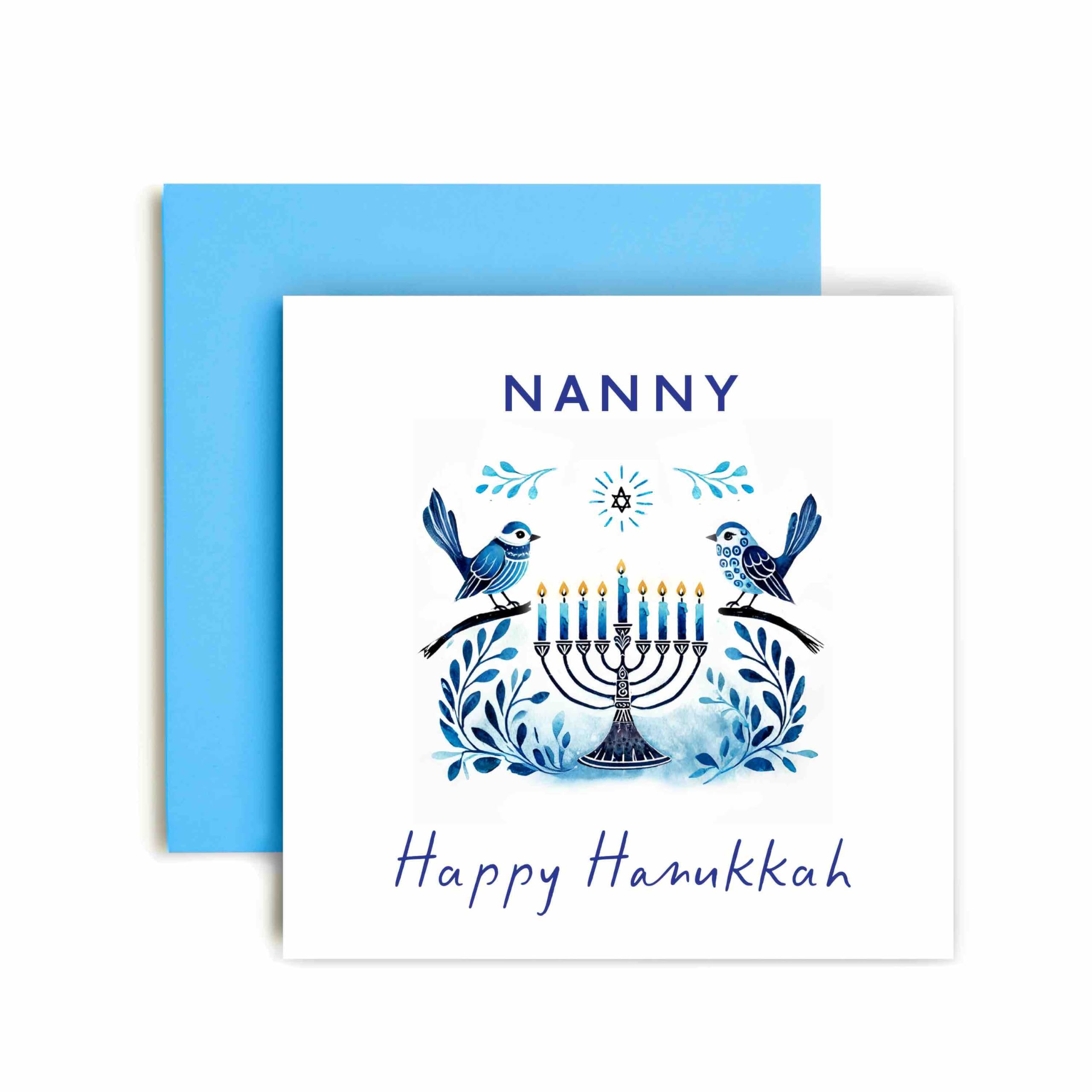 Huxters Hanukkah Cardfor Nanny – Menorah and Bird Watercolour Design – Jewish Festival of Lights DreidelTraditions (Nanny)