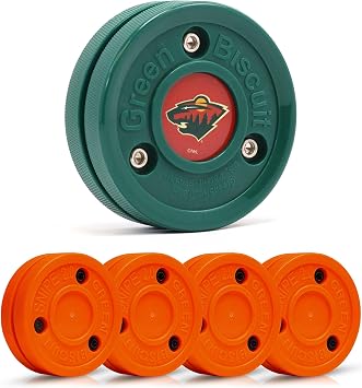 Green Biscuit Hockey Puck- 4 Pack Orange 2.0 Snipe Shooters Off Ice Hockey Pucks with 1 NHL Puck and GB Stickers- Offcial Street Hockey Pucks for Classic Training