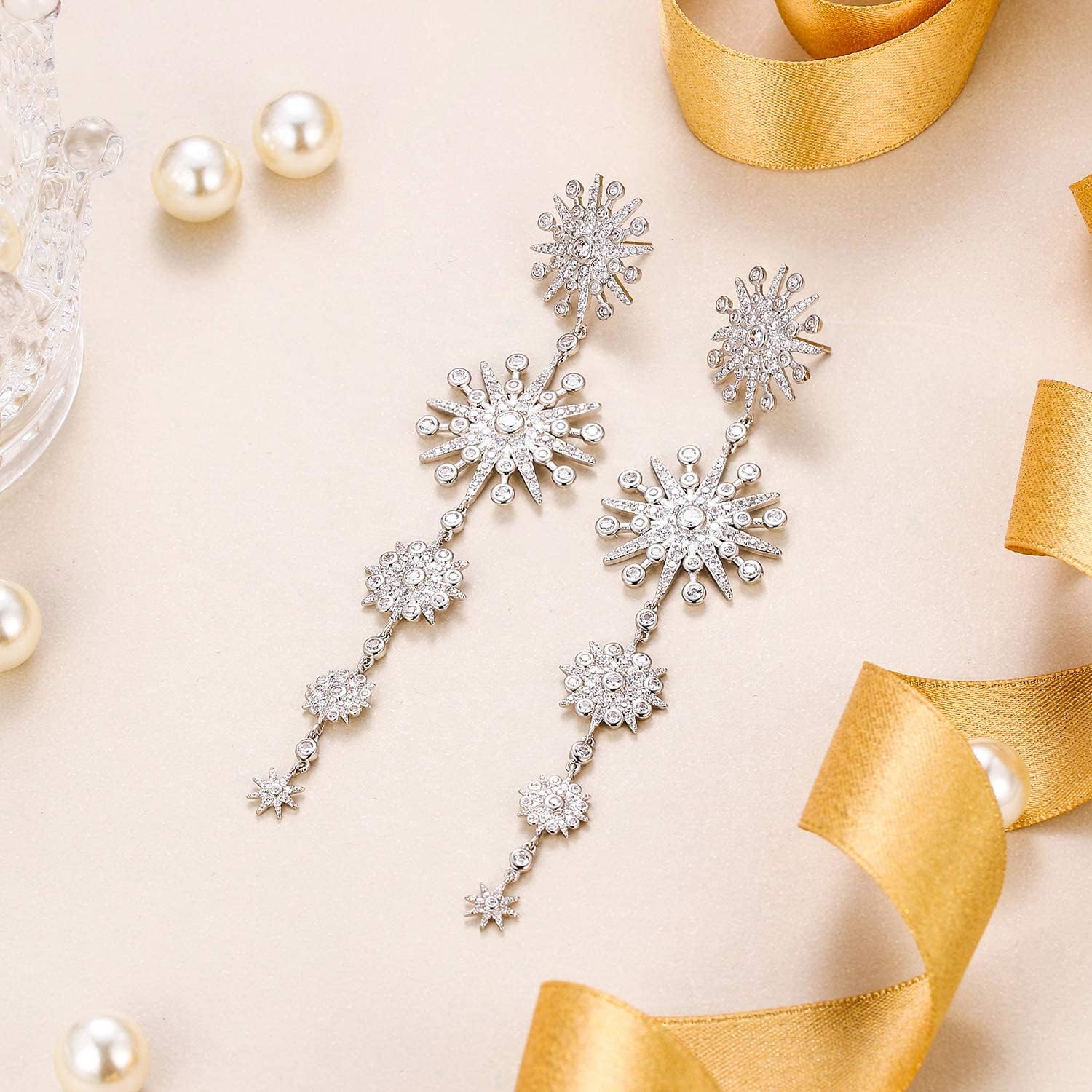 EVER FAITH Women's Cubic Zirconia Gorgeous Snowflake Chandelier Long Dangle Earrings Clear Silver-Tone