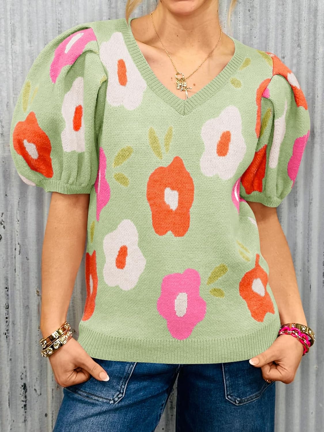 Cicy Bell Womens Puff Short Sleeve Sweater Tops 2026 Spring Summer Floral Pullover V Neck Casual Knit T Shirts - Image 3
