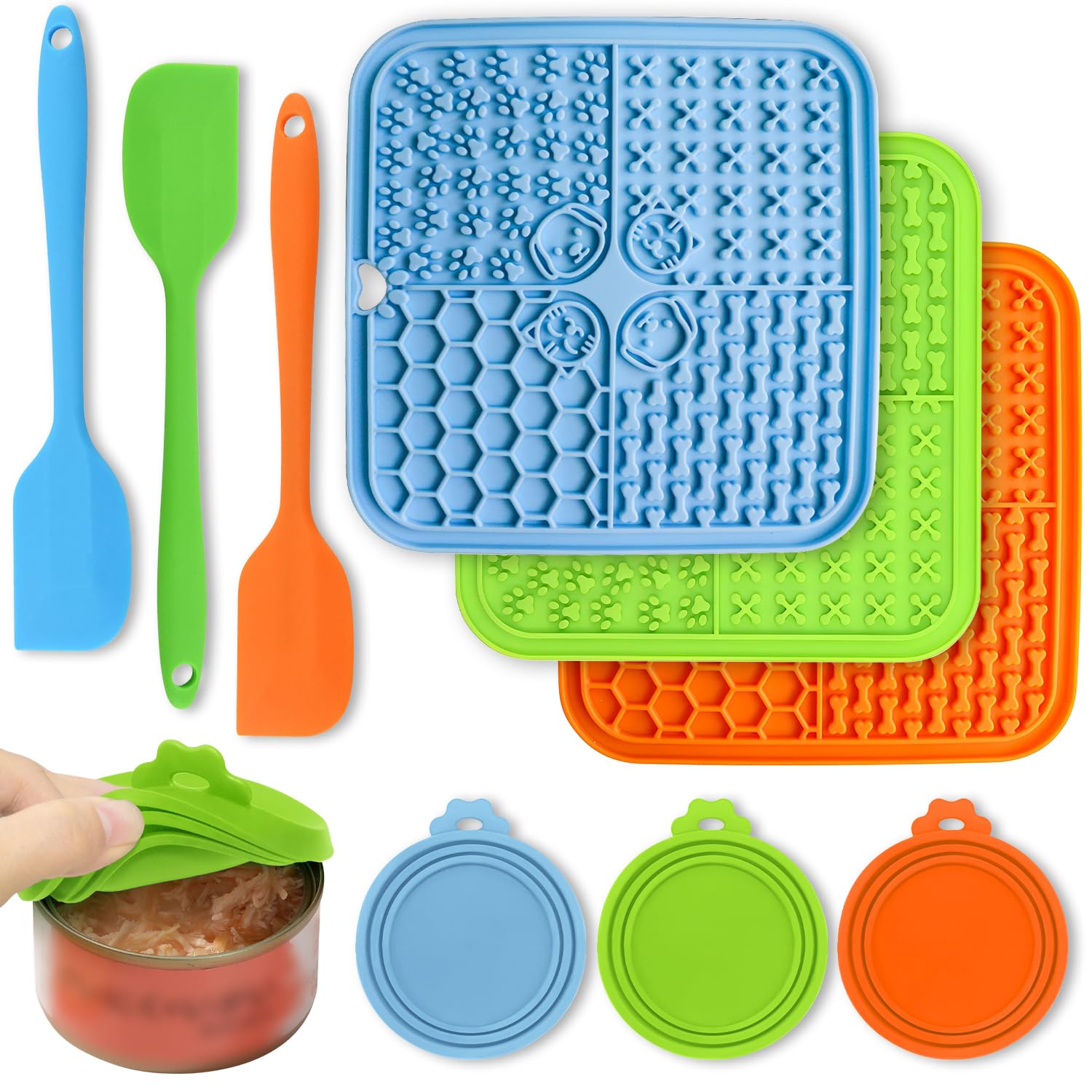 ArtHonor 3 Pcs Licking Mat for Dogs and Cats Set, 3 Lick Mats with Suction Cups for Dog Anxiety Relief, Cat Lick Pad?3 Spoons and 3 Silicone lids for pet Canning?9 Pcs in Total?