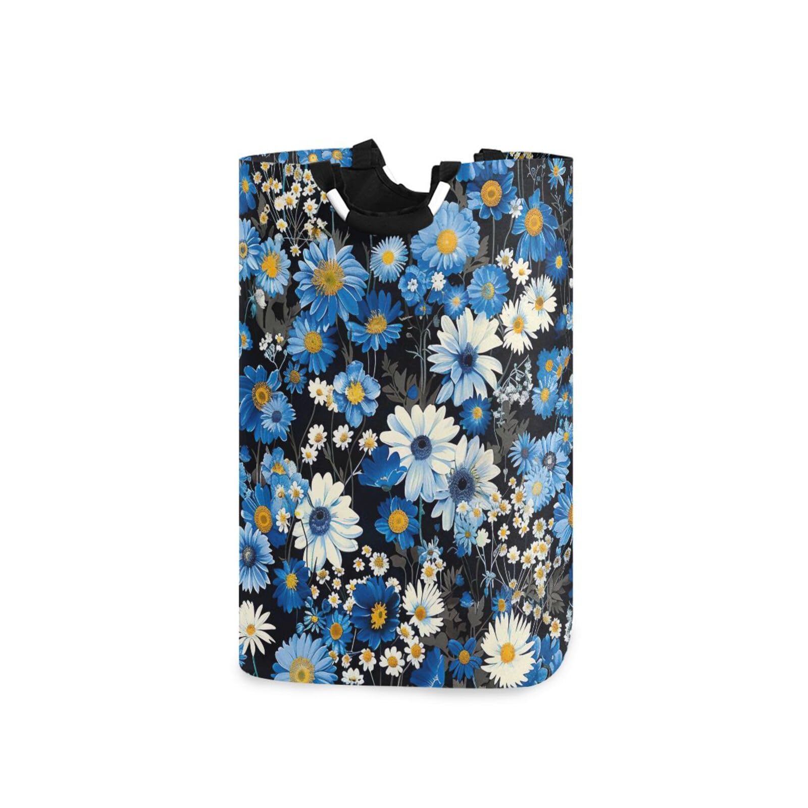 Jihqo Laundry Hamper Basket Blue White Flowers Collapsible Nursery Storage Bin Waterproof Clothing Baskets for Home Bedroom Bathroom Washing Room