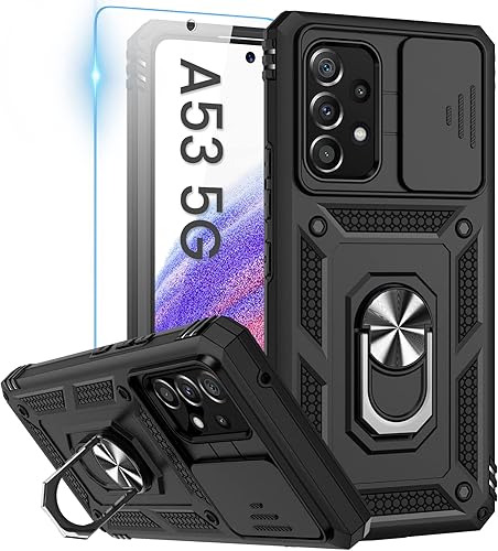 Goton Funda para Samsung A53 5G funda para Galaxy A53 5G con cubierta de cámara y anillo de soporte de 360 con protector de pantalla de vidrio