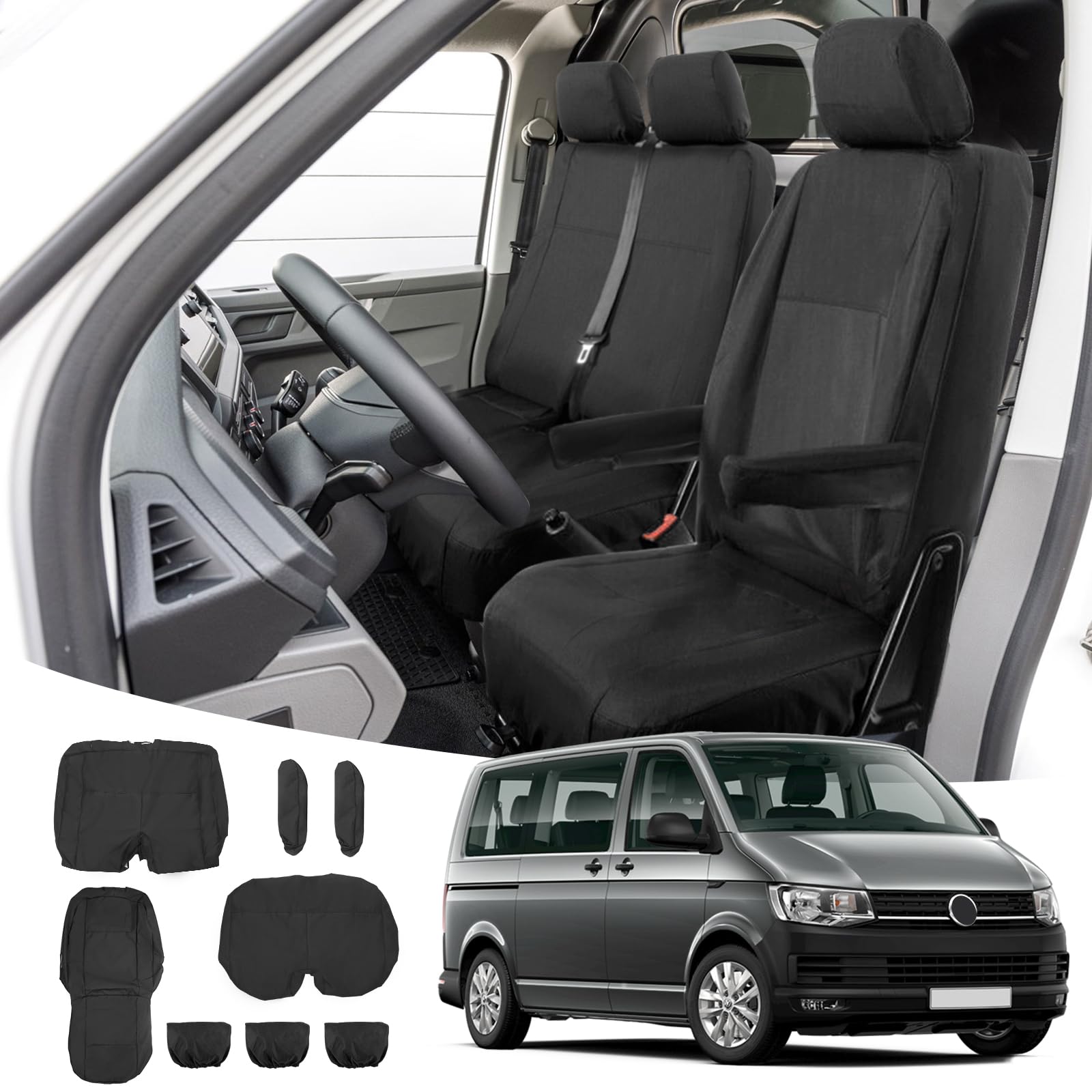 Juego de Fundas de Asientos de Coche para VW Transporter T5 T6 2015-2022, 3 Asientos Fundas de Asiento Negras Impermeables, Asientos de Conductor y Pasajero Doble