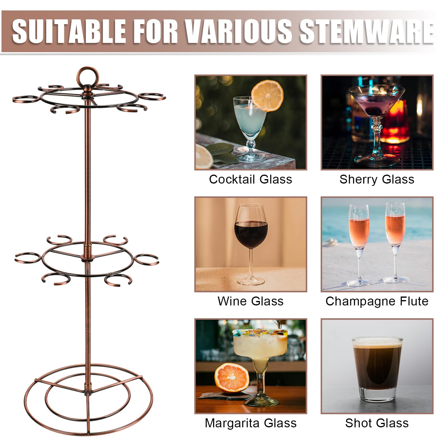 NQEUEPN Torre Dello Champagne, 2 Livelli 12 Supporti Supporto per Albero da Cocktail Metallo Ripiani per Bicchieri da Vino Scaffale per Bevande Cocktail Martini Margarita Feste al Bar Espositore