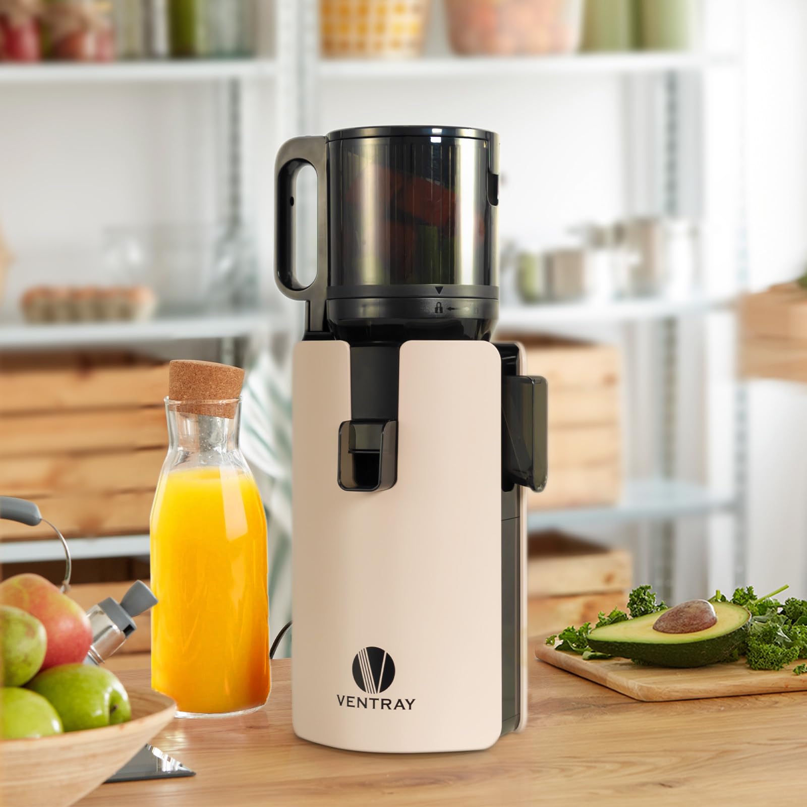 Ventray Ginnie Slow Juicer Entsafter | Elektrische Saftpresse mit 120mm Einfüllschacht für ganze Früchte & Gemüse | Doppelte Filterung | BPA-frei und einfach zu reinigen (Elfenbein)