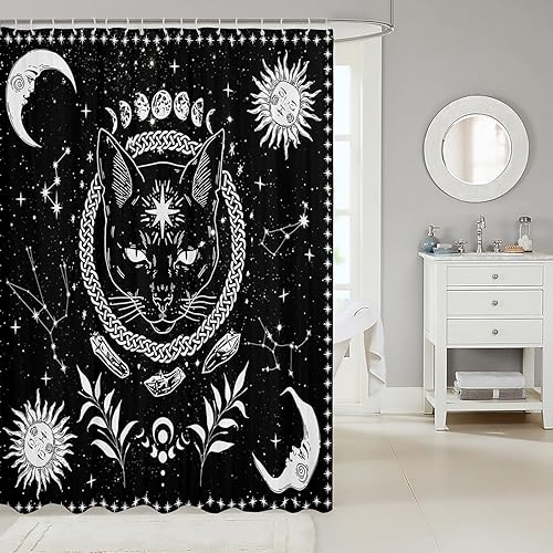 Miniatura 2 de Cortinas de ducha de animales de gato misterioso, cortinas de baño bohemias exóticas tribales de arte abstracto, cortinas de baño impermeables con