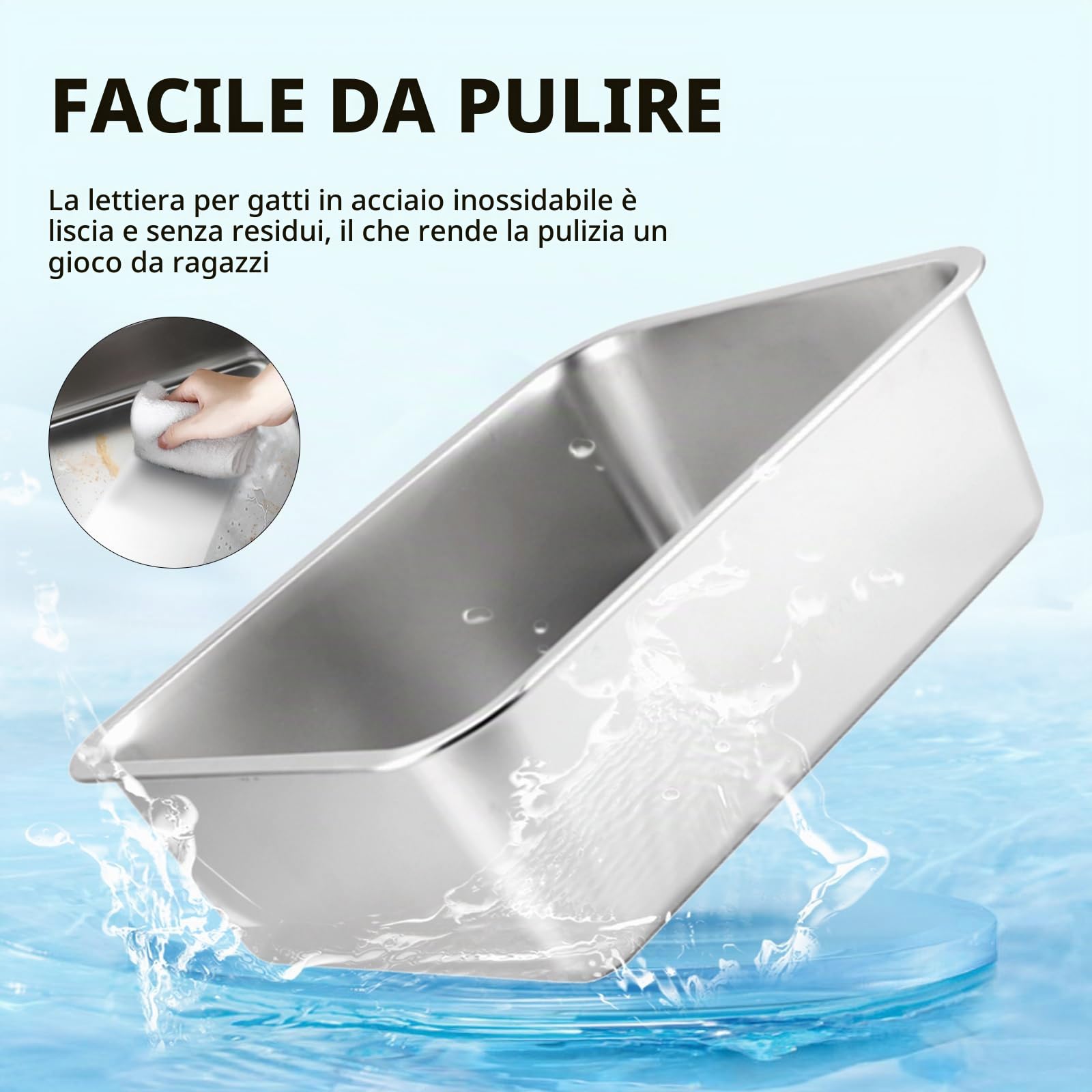 Lettiera XXL per gatti 50 x 35 x 15 cm - Grande lettiera per gatti - Senza odore - Antiruggine - Superficie liscia antiaderente - Grande capacità per una facile pulizia (acciaio inossidabile