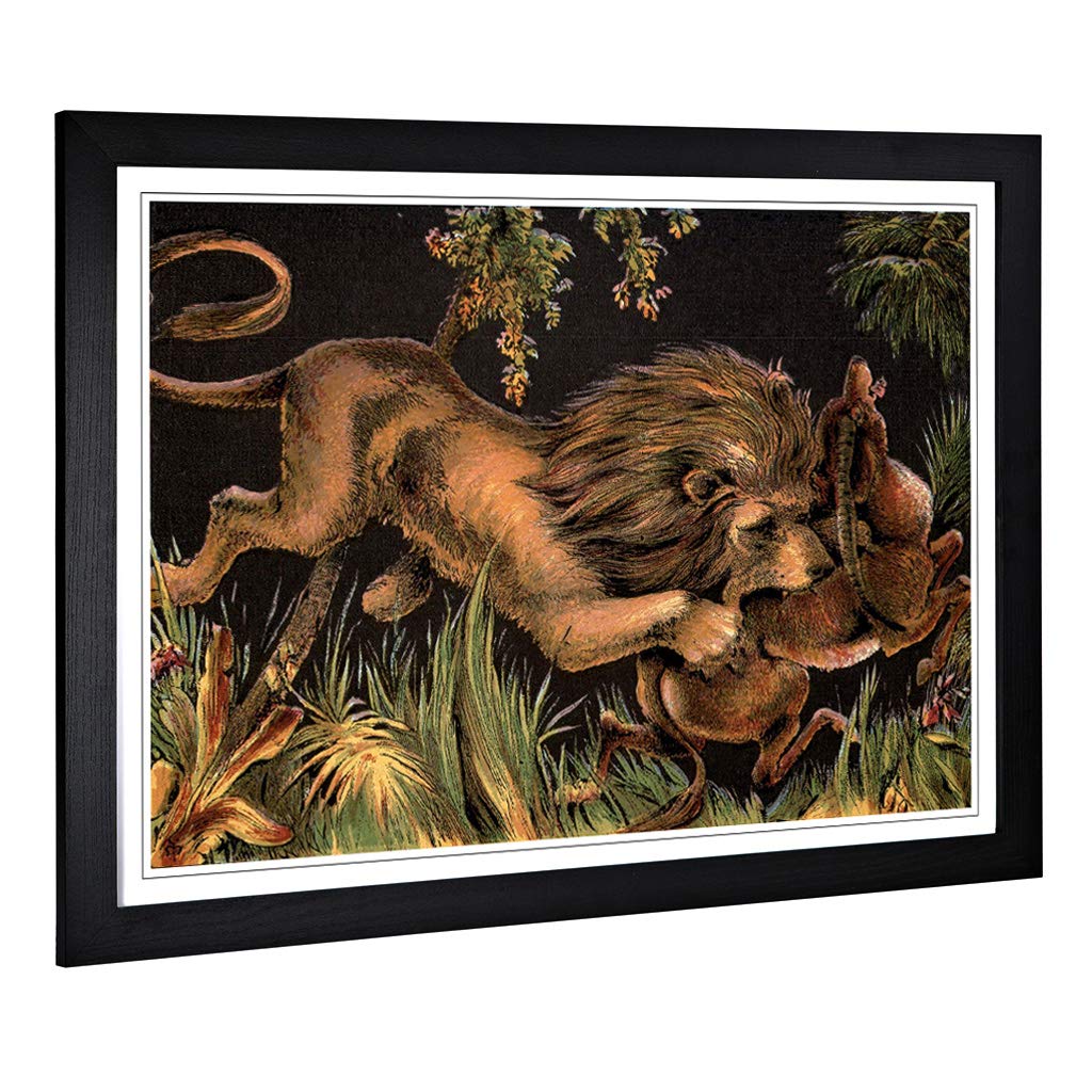 Big Box Art Framed Print of Vintage 1880 Lion & Prey Design | Wall Art Picture | Home Decor for Kitchen, Living Room, Bedroom, Hallway, Black, A2 / 24.5x18 Inch / 62x45cm