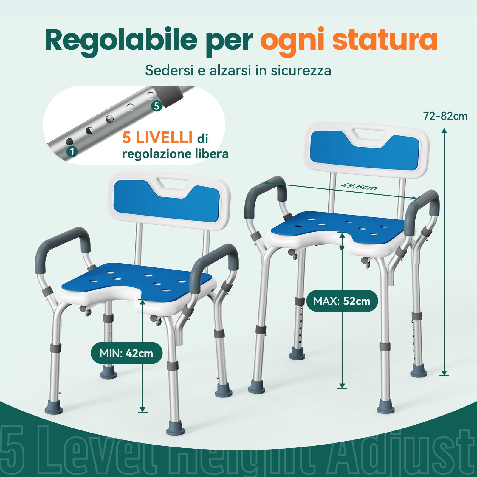 Sedia Doccia Regolabile con Braccioli – Sedile Doccia Antiscivolo a Forma di U con Schienale e Braccioli Imbottiti, Sgabello da Bagno Leggero per Anziani, Disabili e Recupero