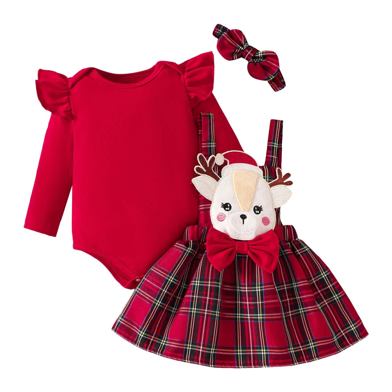 Weihnachtskleidung für Babys, Mädchen, 74, Langarm, Cartoon, Träger, Plaid, Röcke, Babykleidung