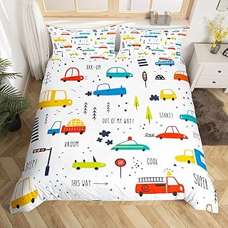 Kids Cartoon Car Duvet Cover Set King Size Cute Cloud Flowers Dots Bedding Set 3pcs for Girls Boys Bedroom Decor Colorful Traffic Vehicle Comforter Cover White Grid Quilt Cover,2 Pillowcases
