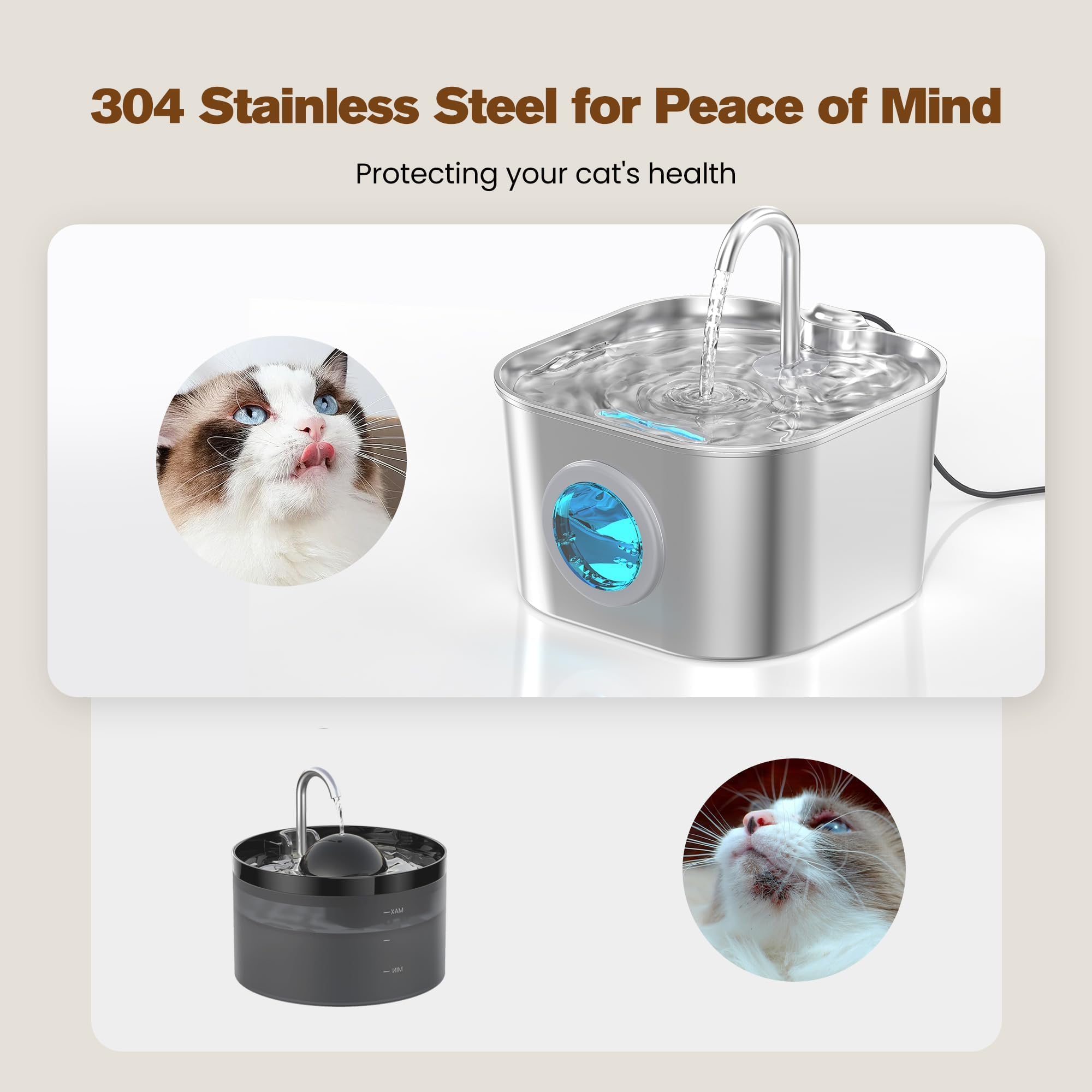 Katzen-Wasserbrunnen mit 8 Filtern + 5 Schwämmen, Kleiner Haustier-Wasserspender für Trinkkatzen, Automatischer Indoor-Metallnapf 24/7 für Laufen und Autos,