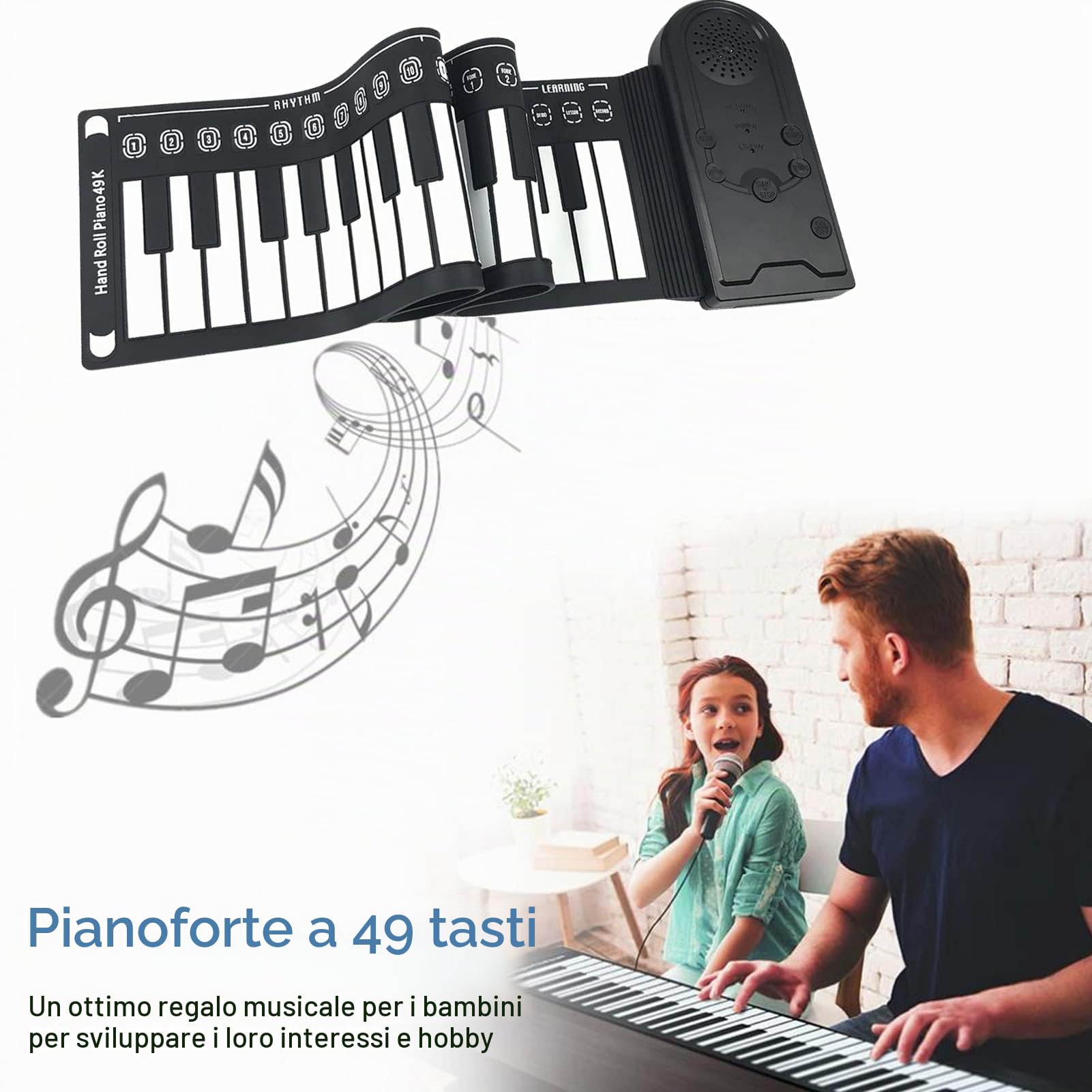 Movkzacv - Pianoforte pieghevole, elettronica ​pianoforte con altoparlante stereo integrato, portatile 49 tasti mano rullo piano morbido ​silicone flessibile Tastiera per bambini e principianti