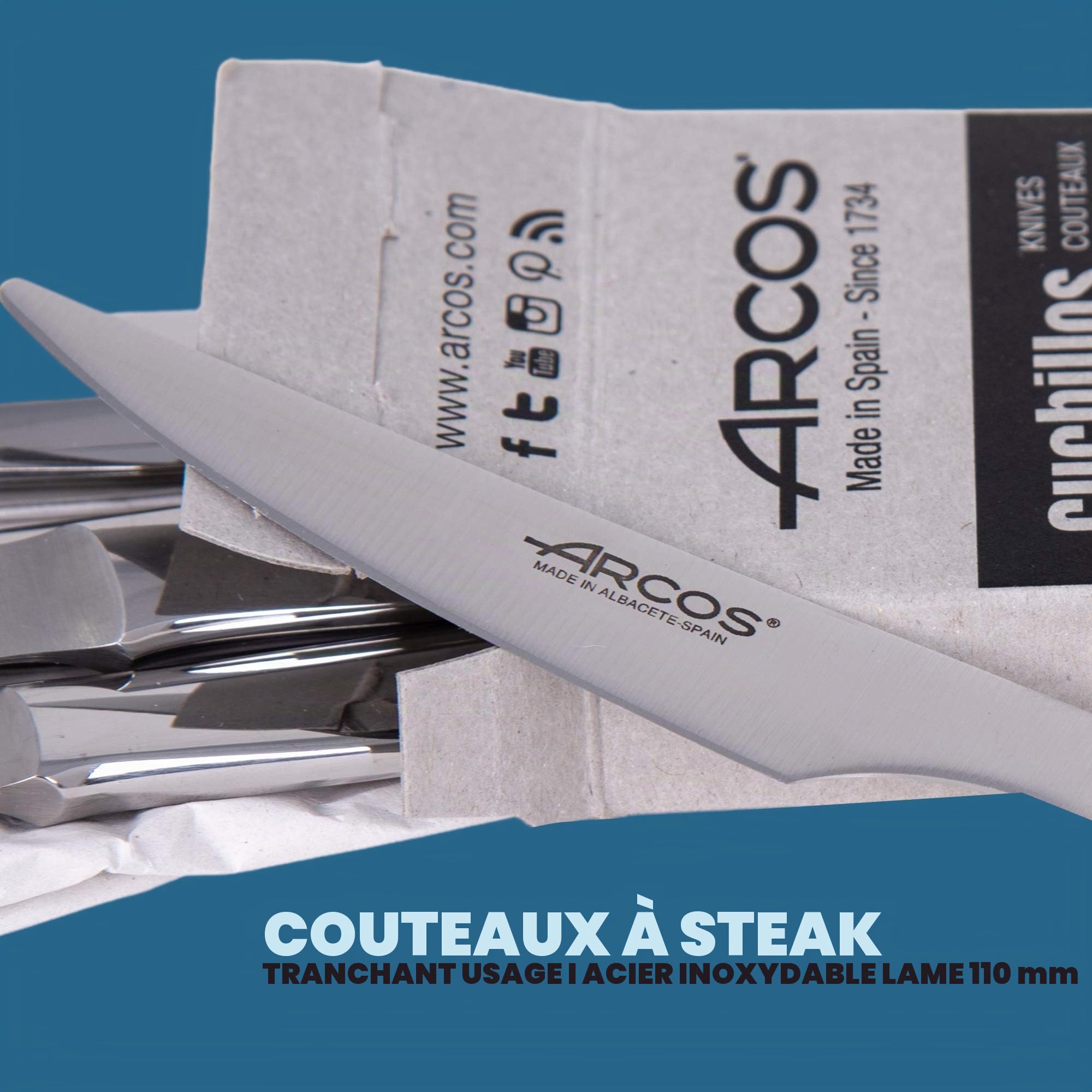 Arcos Lot de 6 couteaux à steak classiques avec manche plat Monobock Lame de 110 mm Couverts en acier inoxydable Boîte écologique (fil lisse)