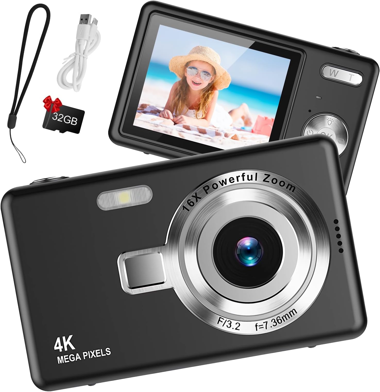 Digital Camera 1080P FHD 44MP with 2.4" LCD Screen,16X Digital Zoom, Small Portable Vlogging Camera with 32gb SD Card for Kids Teen Students Beginner