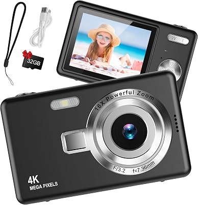 Digital Camera 1080P FHD 44MP with 2.4″ LCD Screen,16X Digital Zoom, Small Portable Vlogging Camera with 32gb SD Card for Kids Teen Students Beginner