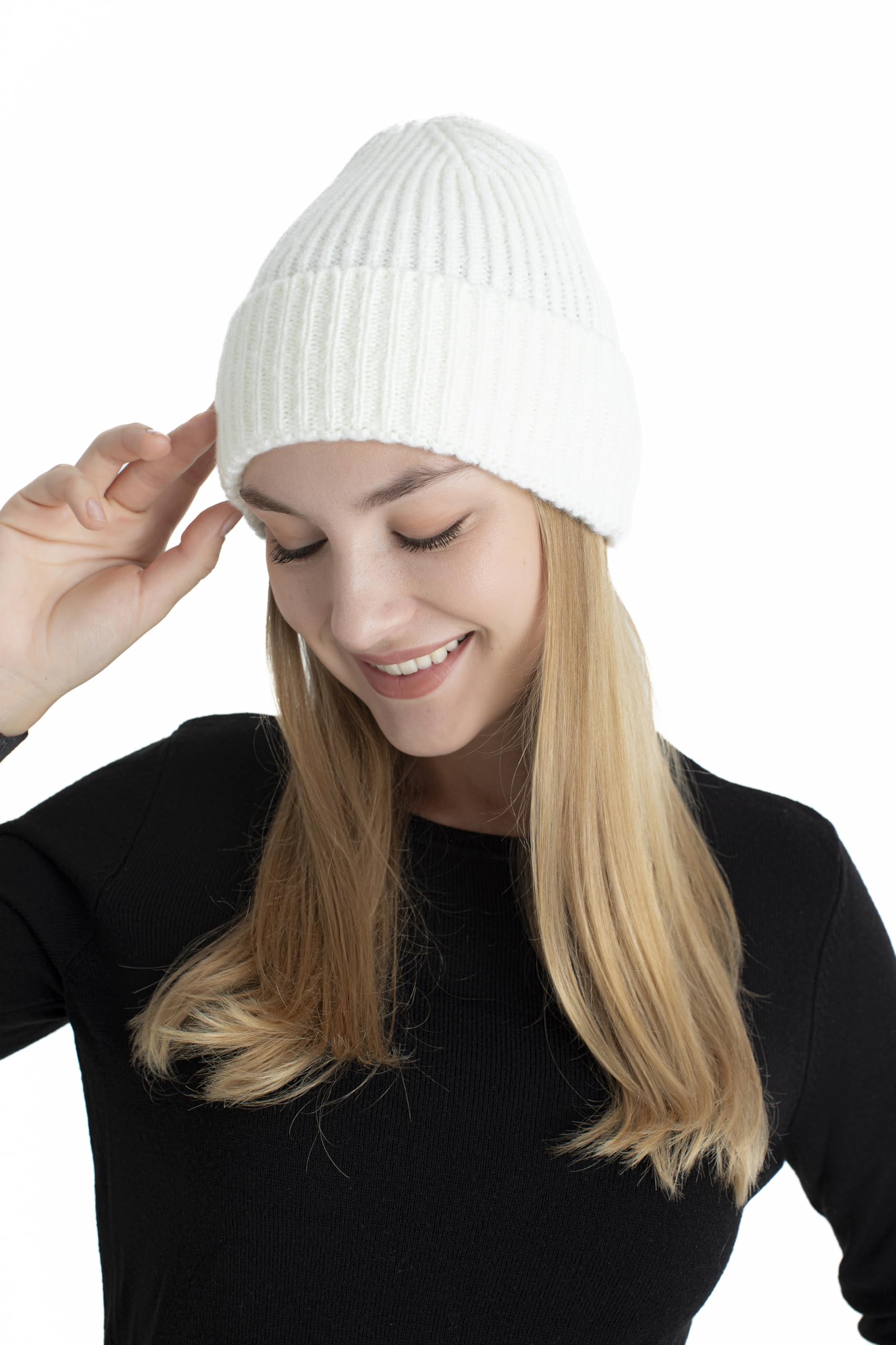 Hatsquare Unisex Pearl White Seamless Winter Cap, Acrylic Cuffed Knit Beanie - Super Soft