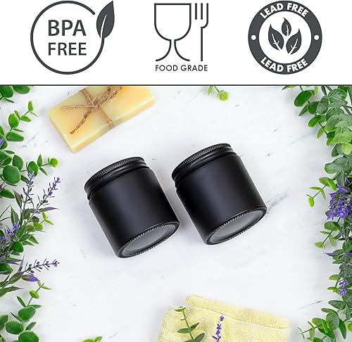 Miniatura 8 de Cornucopia - Tarros de vidrio con revestimiento negro de 4 onzas (paquete de 12); tarros de cosméticos con tapas de metal negro y exterior negro