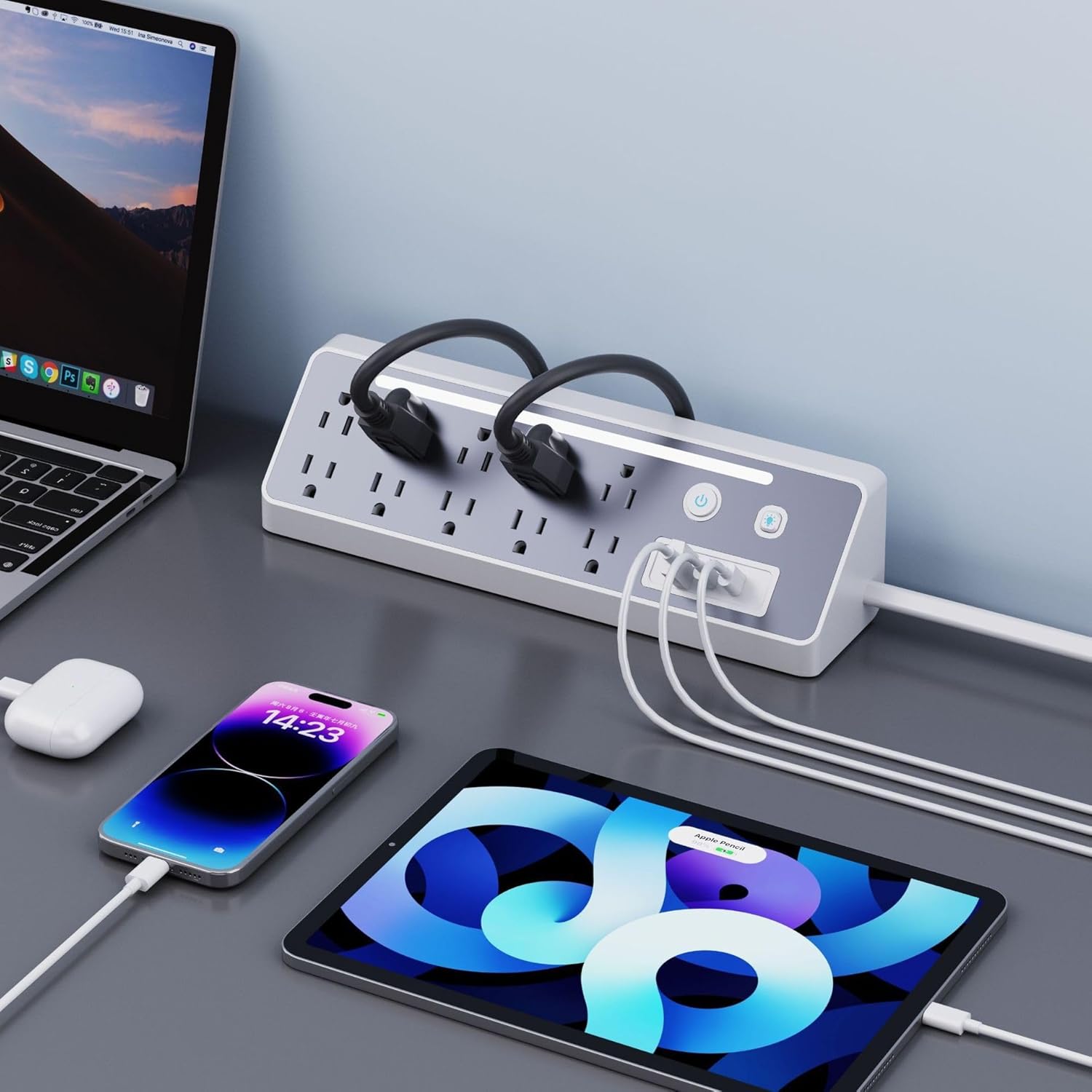 Power Strip Surge Protector,10 Outlets 1875W with 1 USB A and 2 USB C Port 5V 3.4A 17W Charging,4.9 ft Extension ETL Listed Cord, for Home, Office, Dorm Essential (4.9 FT-Flat Plug)