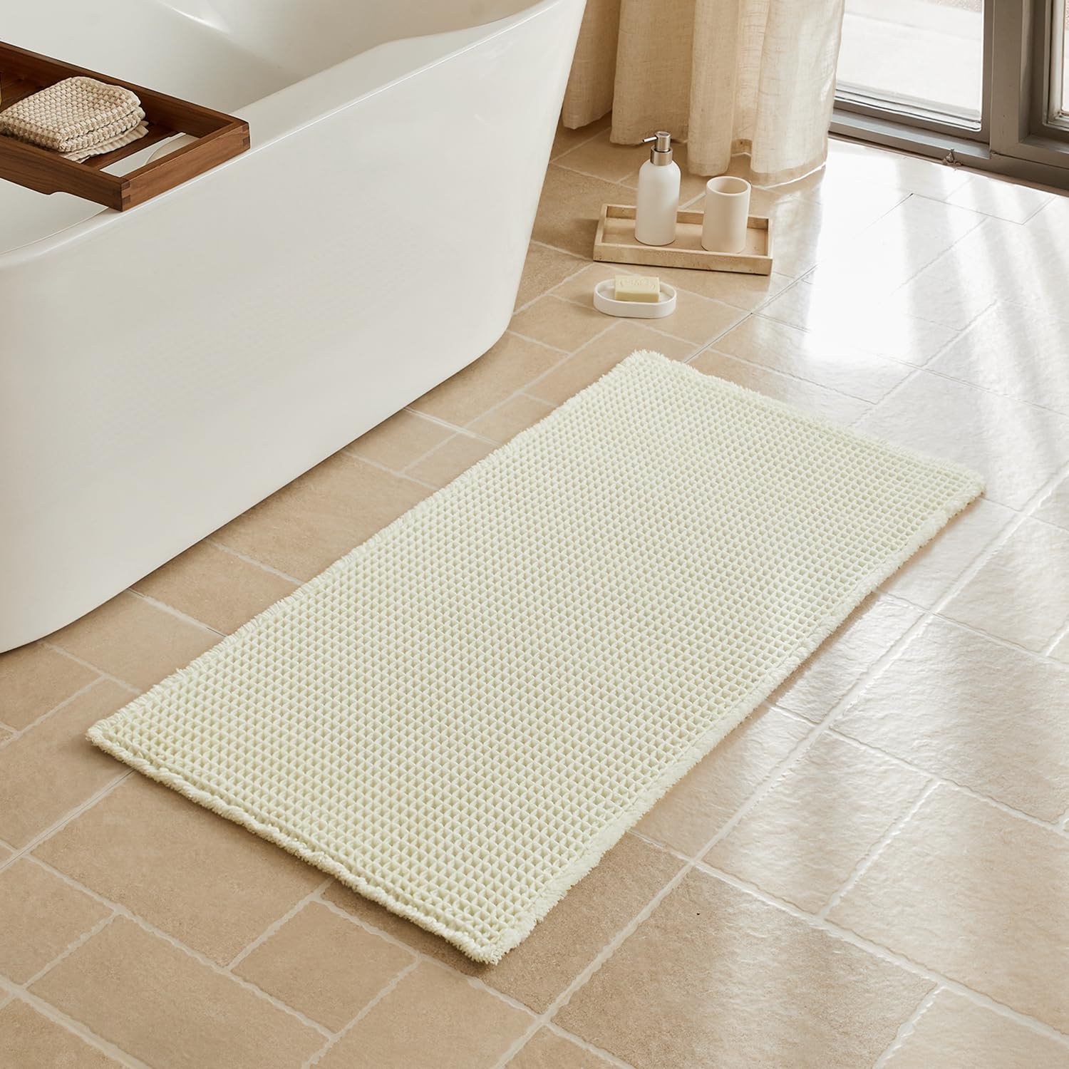 Triohero Waffle Bath Mat, Boho Bathroom Rugs Non Slip Washable, Ultra Soft Super Absorbent Quick Dry Farmhouse Bathroom Decor, 24" x 48", Cream White