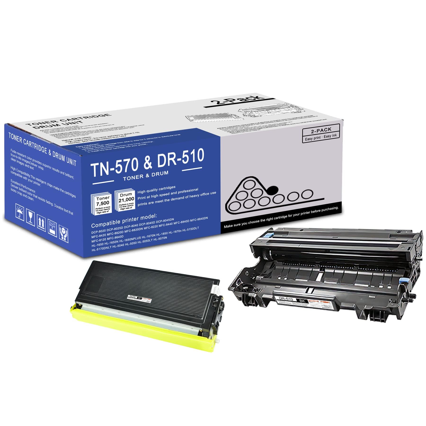 1 Pack TN-570 Toner Cartridge and 1 Pack DR-510 Drum Unit Replacement for Brother DCP-8020 8025D 8040 8045D HL-1650 1670N 1850 1870n 5040 5050 5070N