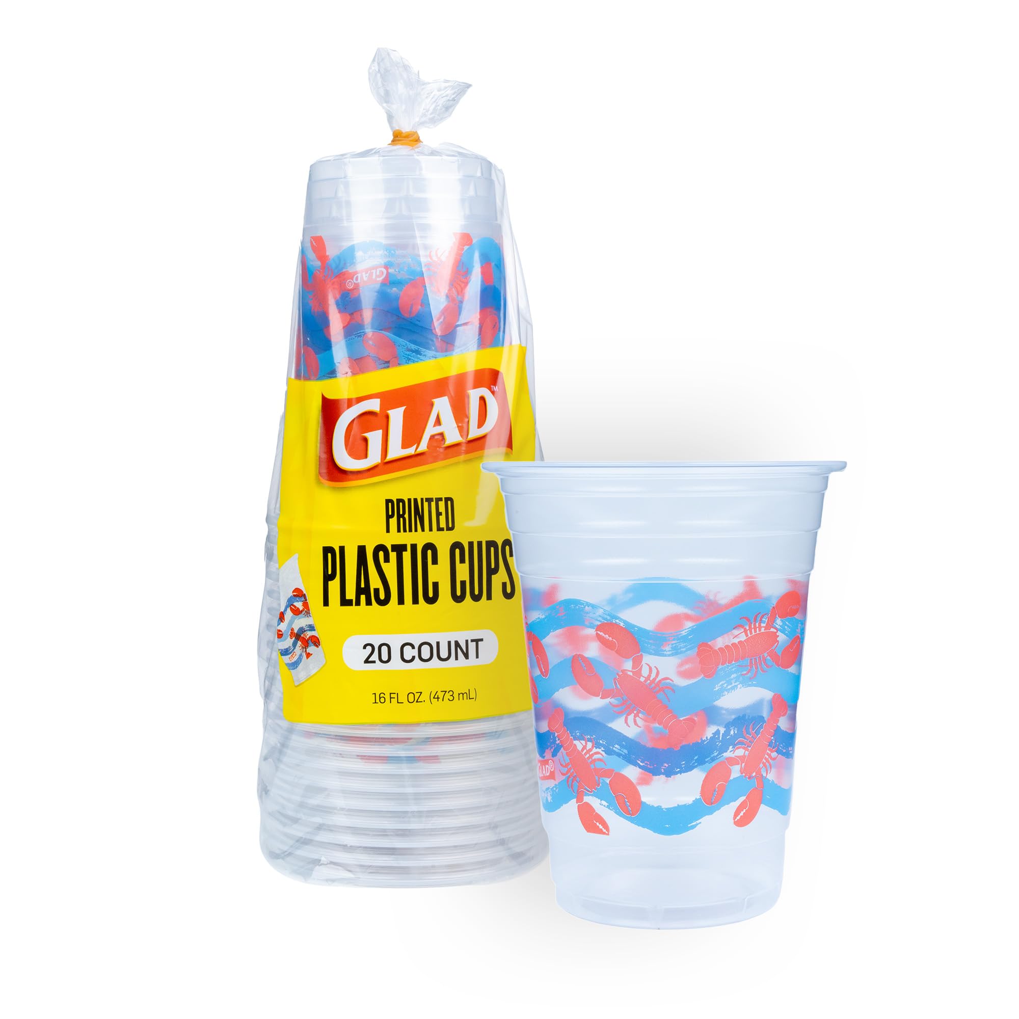 Glad Everyday Clear Plastic Cups with Lobster Waves Print - Beach Theme, Strong and Sturdy Drinking Cup for All Occasions, 16 Ounce, 20 Count