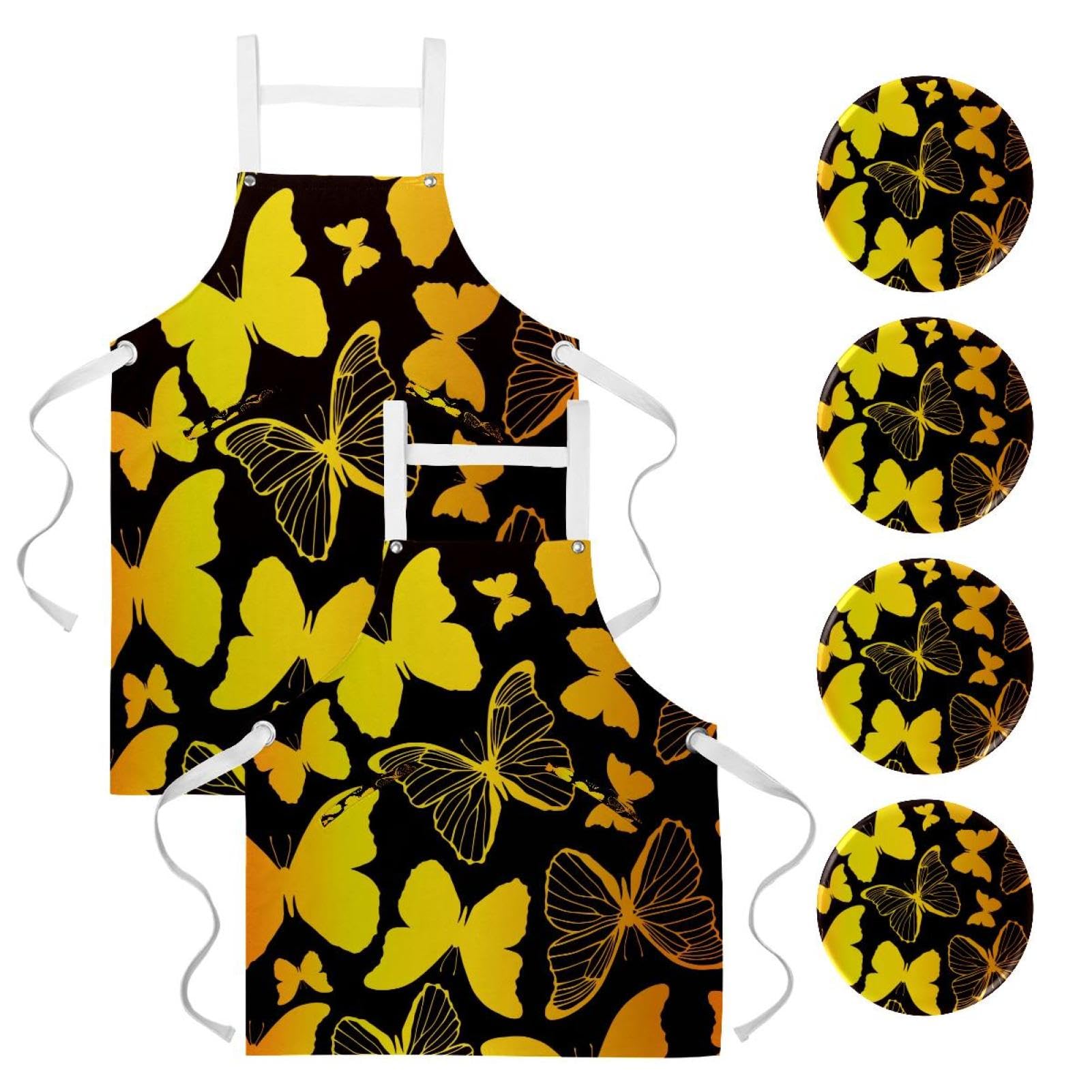 Tablier de cuisine imperméable à motif papillon doré avec 4 broches pratiques