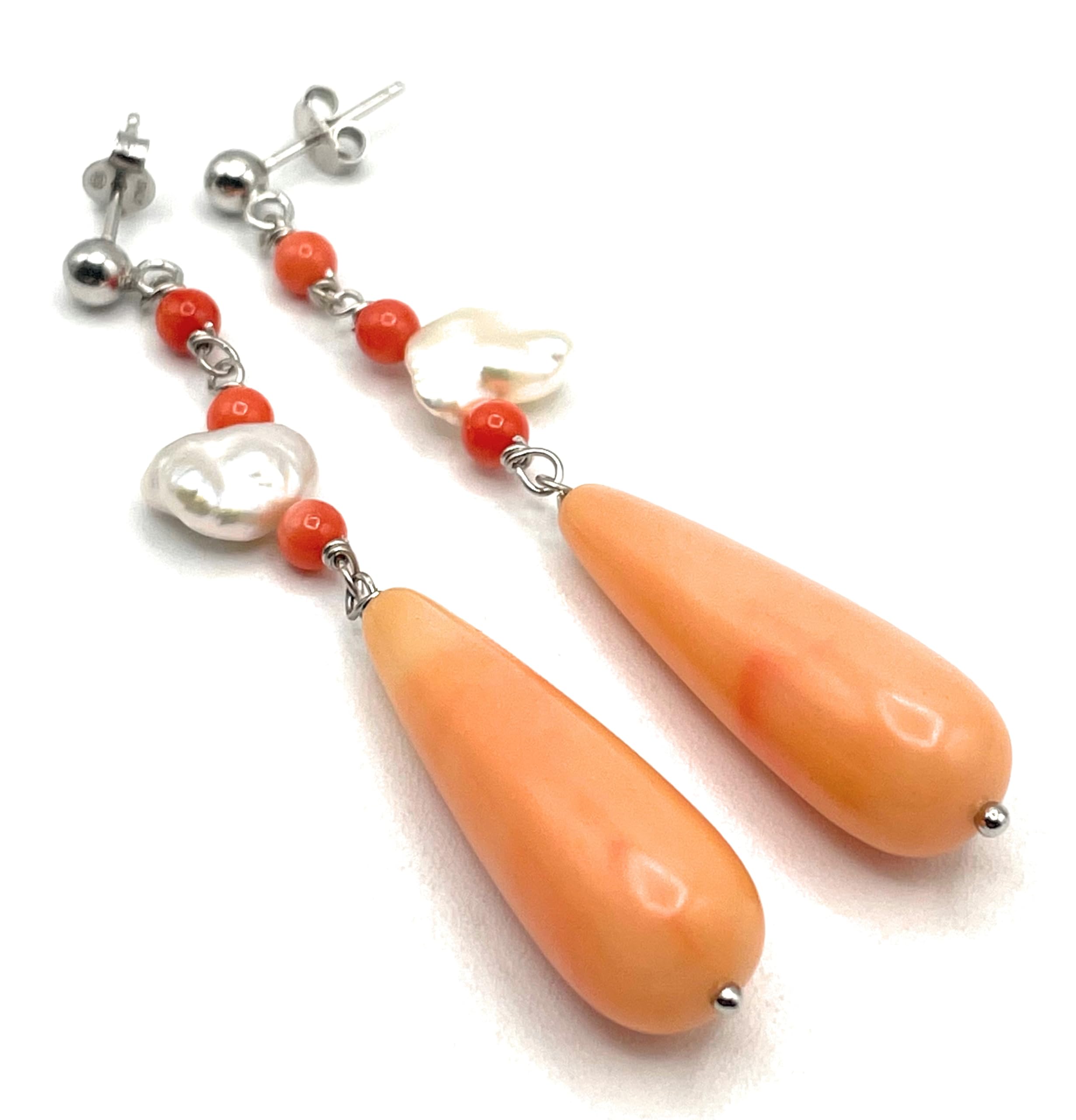 Orecchini Corallo Rosa e Perle Keshi, Pendenti in Argento 925 Made in Italy, Gioielli Pietre Naturali, Bijoux Artigianali, Regalo per Lei