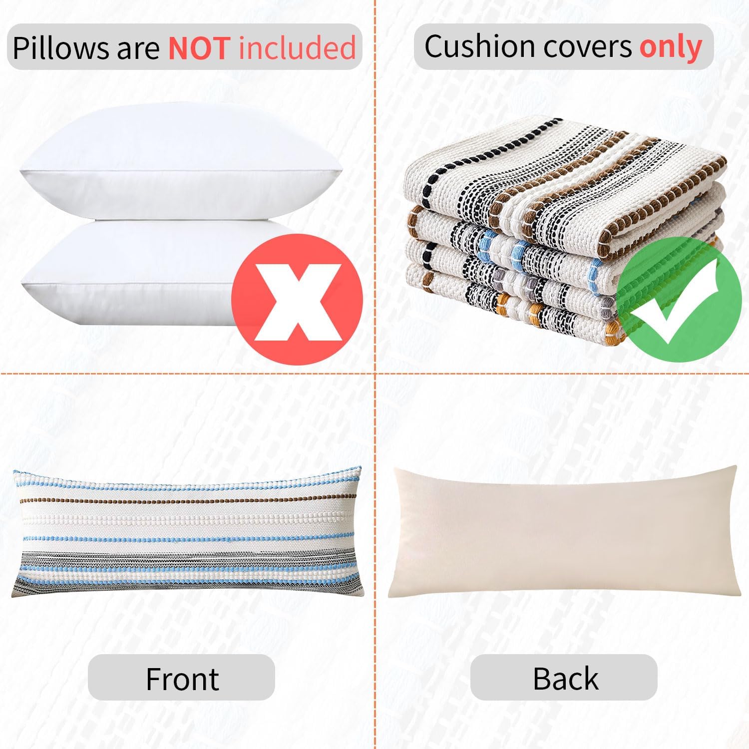 Coastal Blue Decorative Lumbar Pillow Cover 14x36 Boho Long Body Pillow Cover Farmhouse Striped Textured Accent Cushion Pillowcases for Couch Sofa Bed,White and Blue Woven Bolster Lumbar Pillow Covers