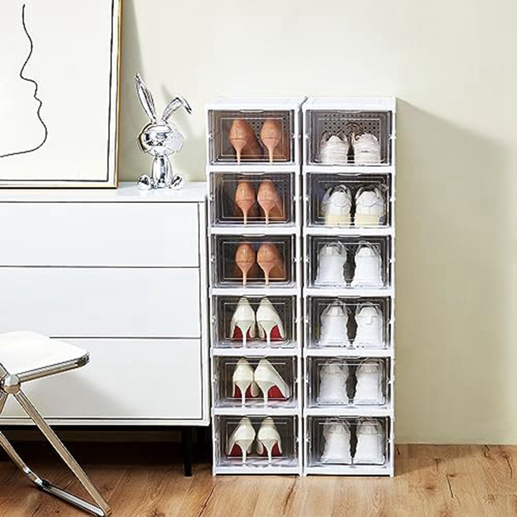moonsun 2 scatole portaoggetti per scarpe, montaggio, pieghevole, con porta trasparente, salvaspazio, in plastica e trasparente