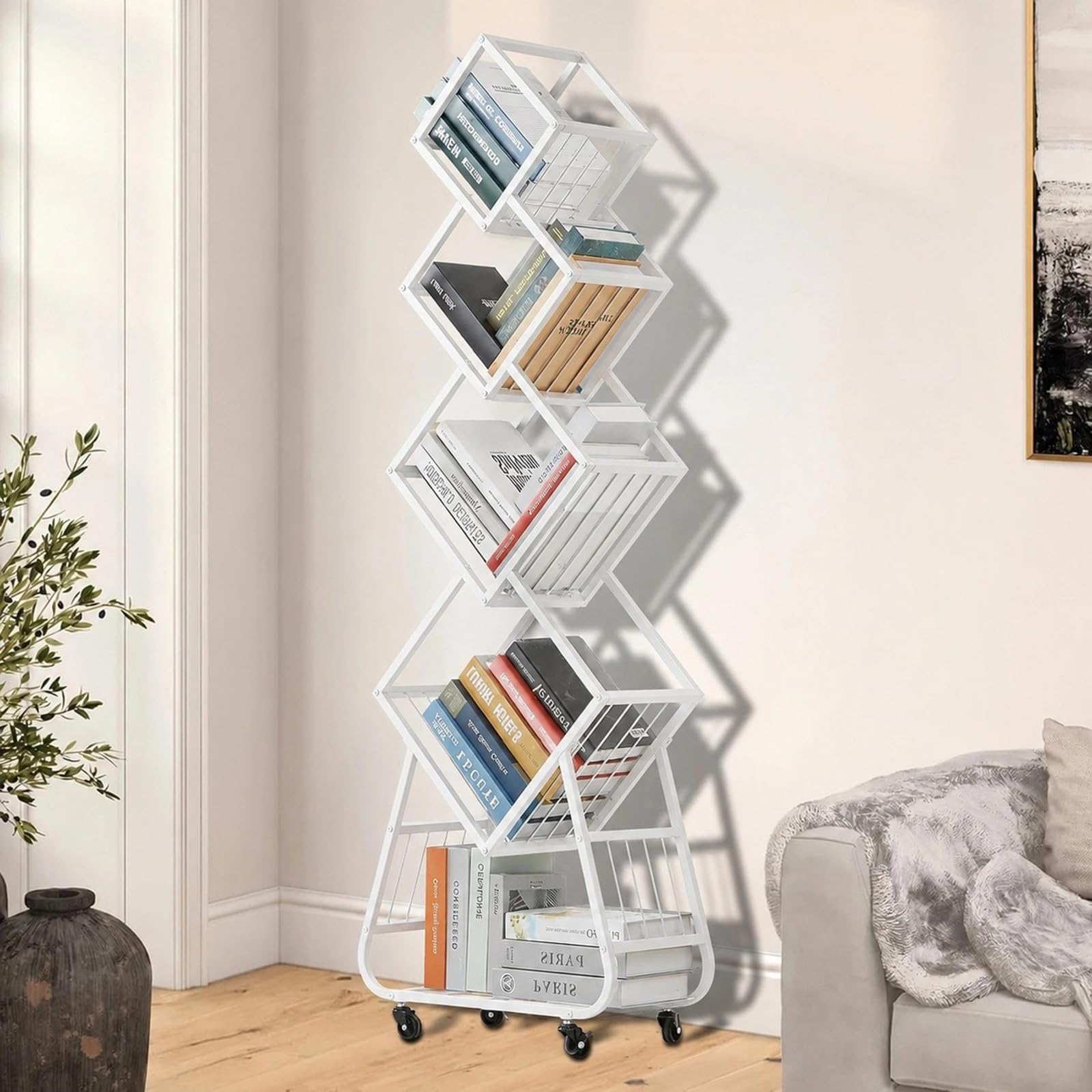 Bücherregal Drehbar Schwarz, Drehbares Bücherregal 5 Etagen, 360°Book Shelf, Bücherregal Mit Rollen, für Wohnzimmer Schlafzimmer Büro (Weiß)