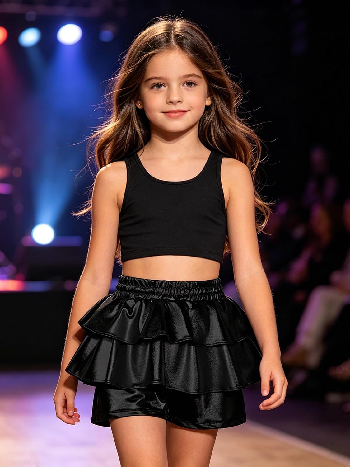 Girls Shiny Hip Hop Street Dance Shorts Tiered Ruffle Elastic Waist Jazz Dance Culottes for Performance