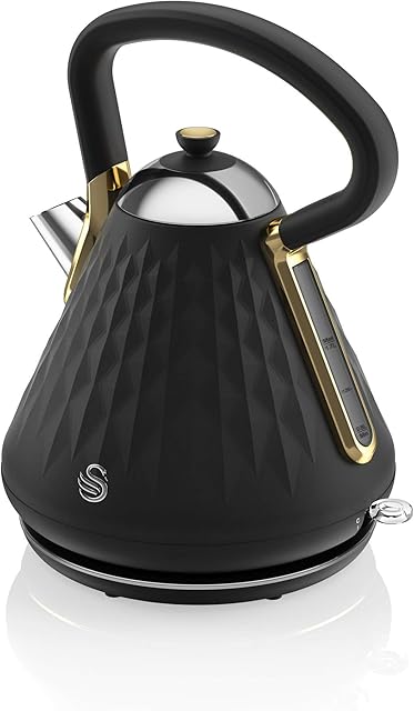 Swan Gatsby Black and Gold 1.7 Litre Pyramid Kettle, 3 KW Rapid Boil, Diamond Pattern Design, Matte Black with Gold Accents, SK14080BLKN