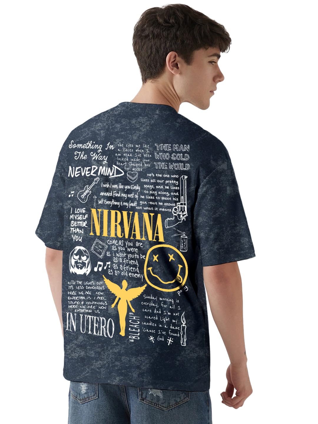 crazymonk Nirvana Acid Wash Graphic Printed Oversized T-Shirt - Navy Blue-picture-36