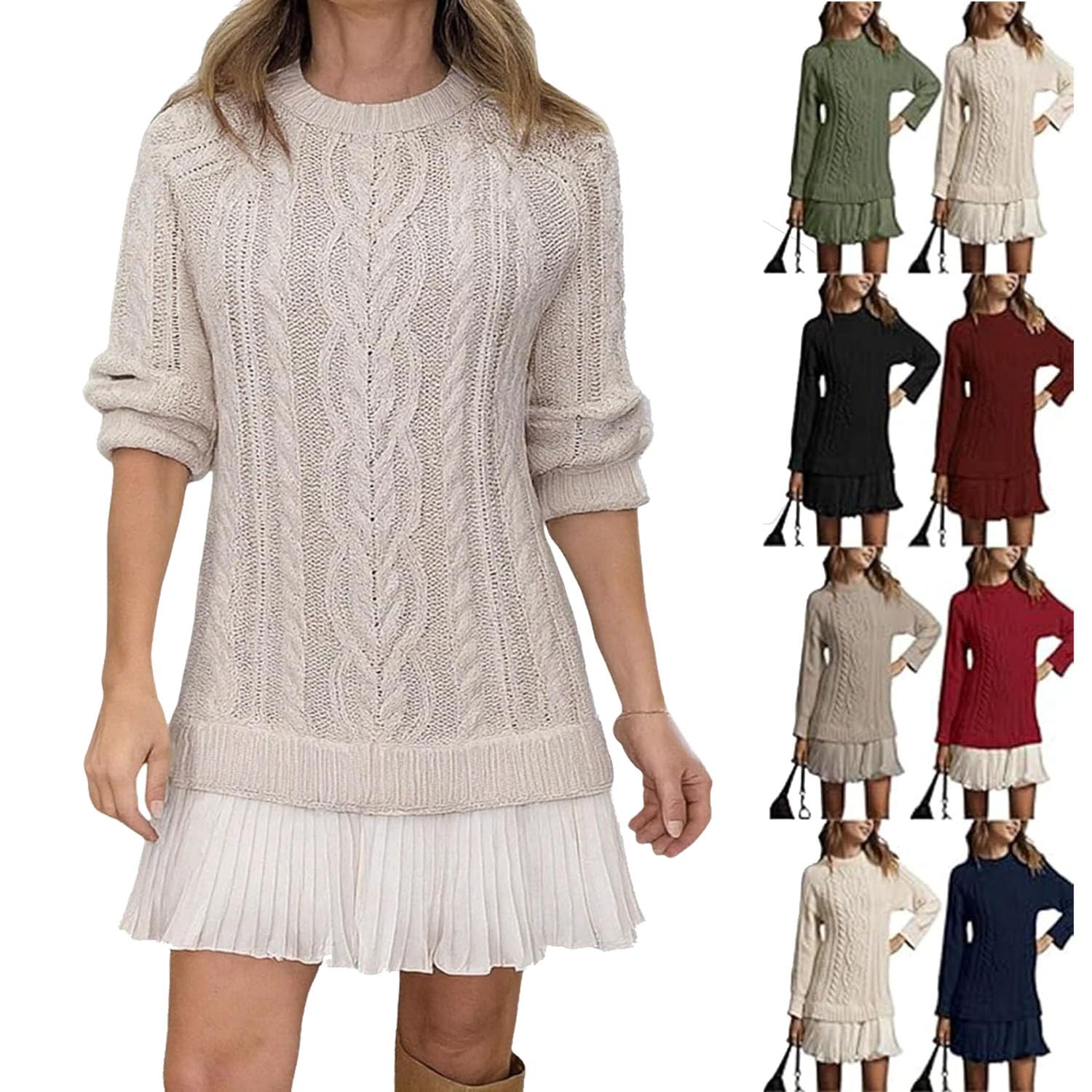 Vestido Mini de Punto Trenzado con Cuello Redondo para Mujer, Vestido Informal de Punto Trenzado con Cuello Redondo y Manga Larga para Mujer, Traje de otoño (Apricot,3XL)