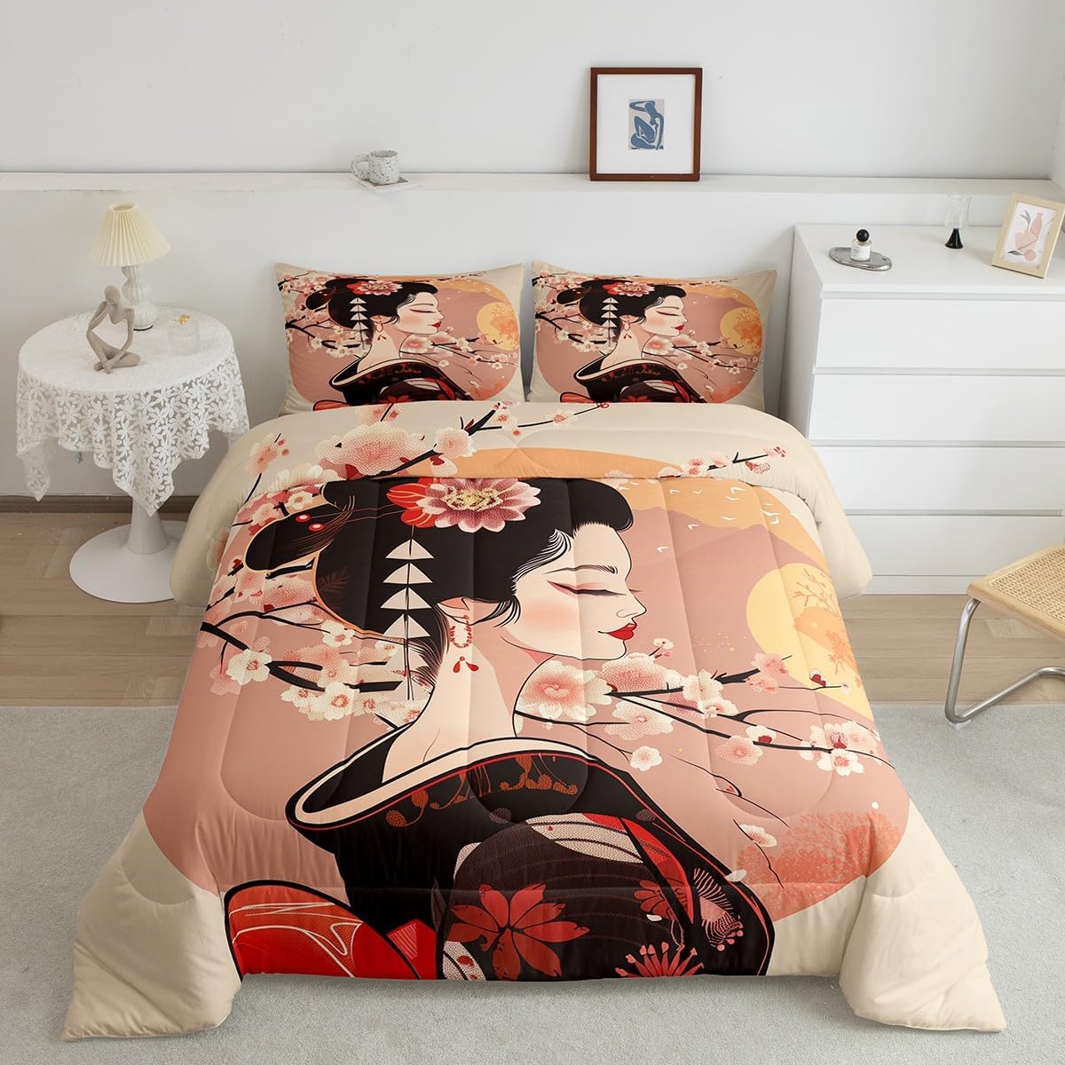 Feelyou Kids Japanese Geishas Comforter Set Full Size Boys Girls Cherry Blossoms Comforter Japanese Style Bedding Set Japanese Tradition Aesthetic Quilt Set