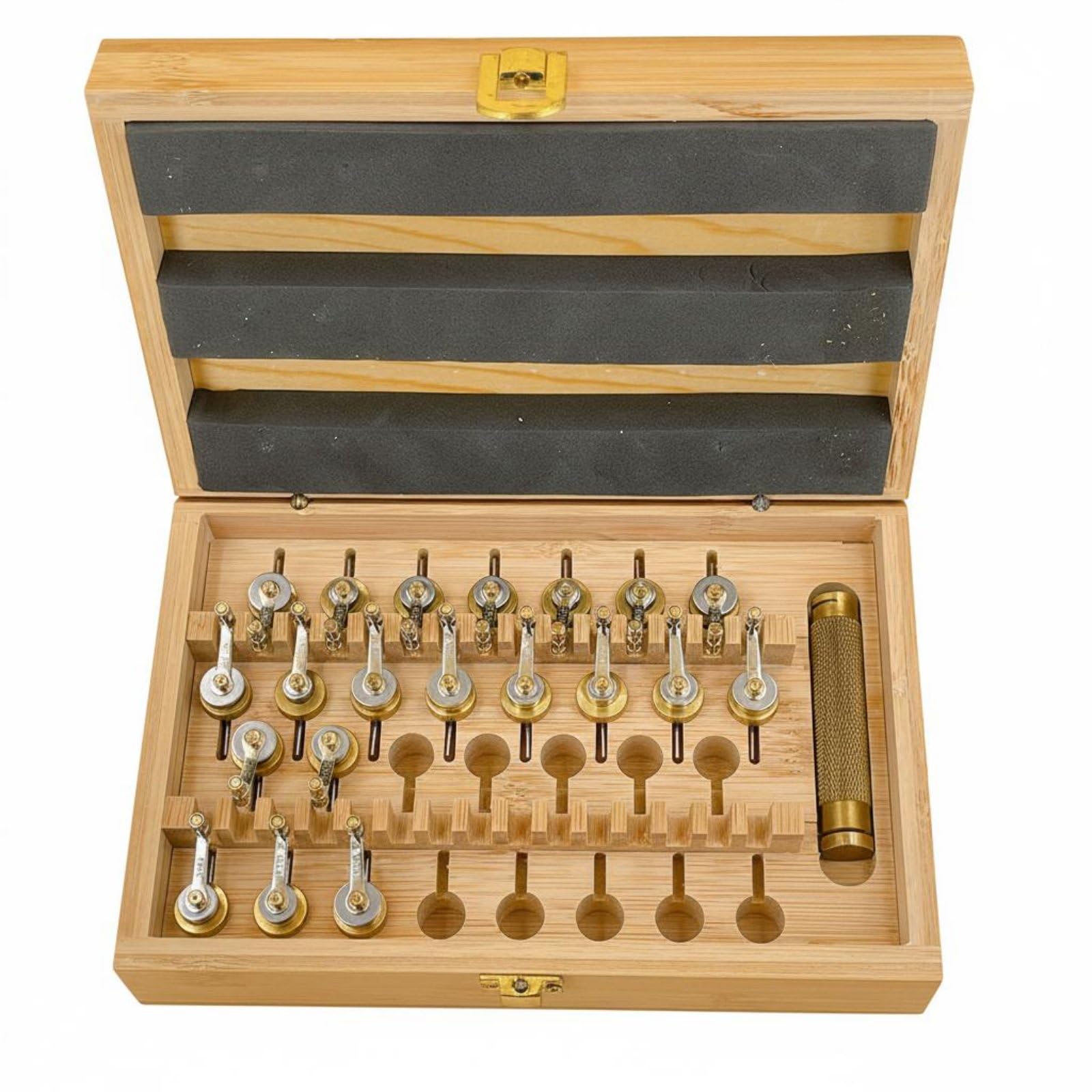 Kit Orologiaio Strumento Riparazione Set Bobinatore Molla Box Legno Metallo Solido Inserto Protettivo Adatto per Assemblaggio Orologi Manutenzione Postazione Lavoro